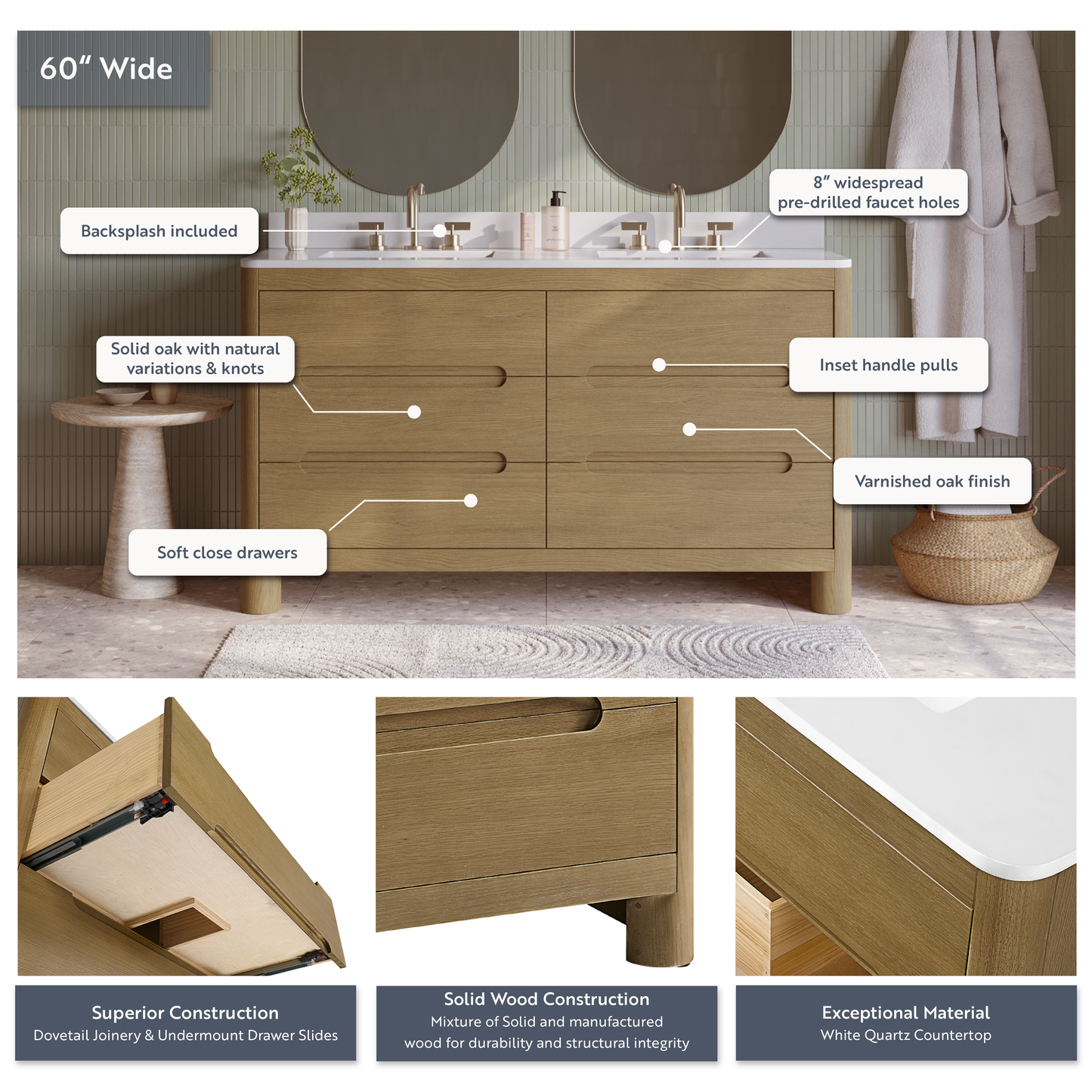 Oslo 60" Modern Oak Double Bathroom Vanity | White Quartz Countertop
