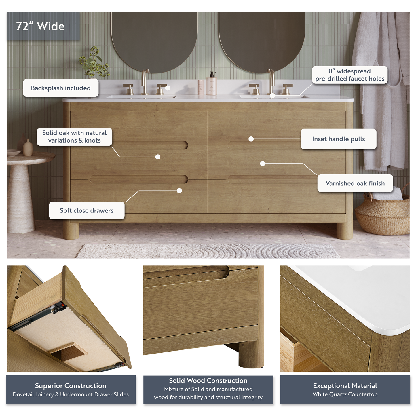Oslo 72" Double Bathroom Vanity in Varnished Oak | White Quartz Countertop