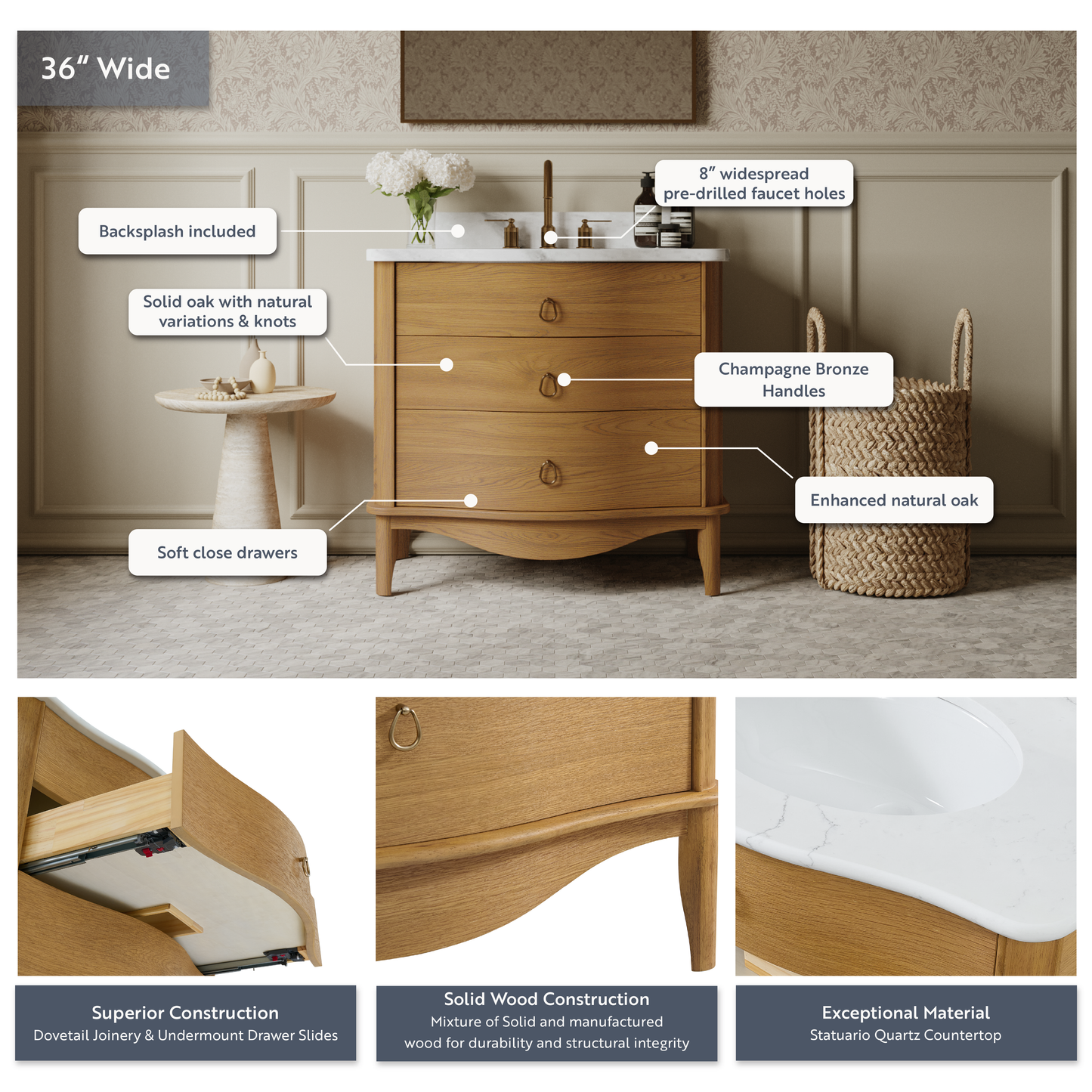 Grace 36" Single Bathroom Vanity | Statuario Quartz Countertop