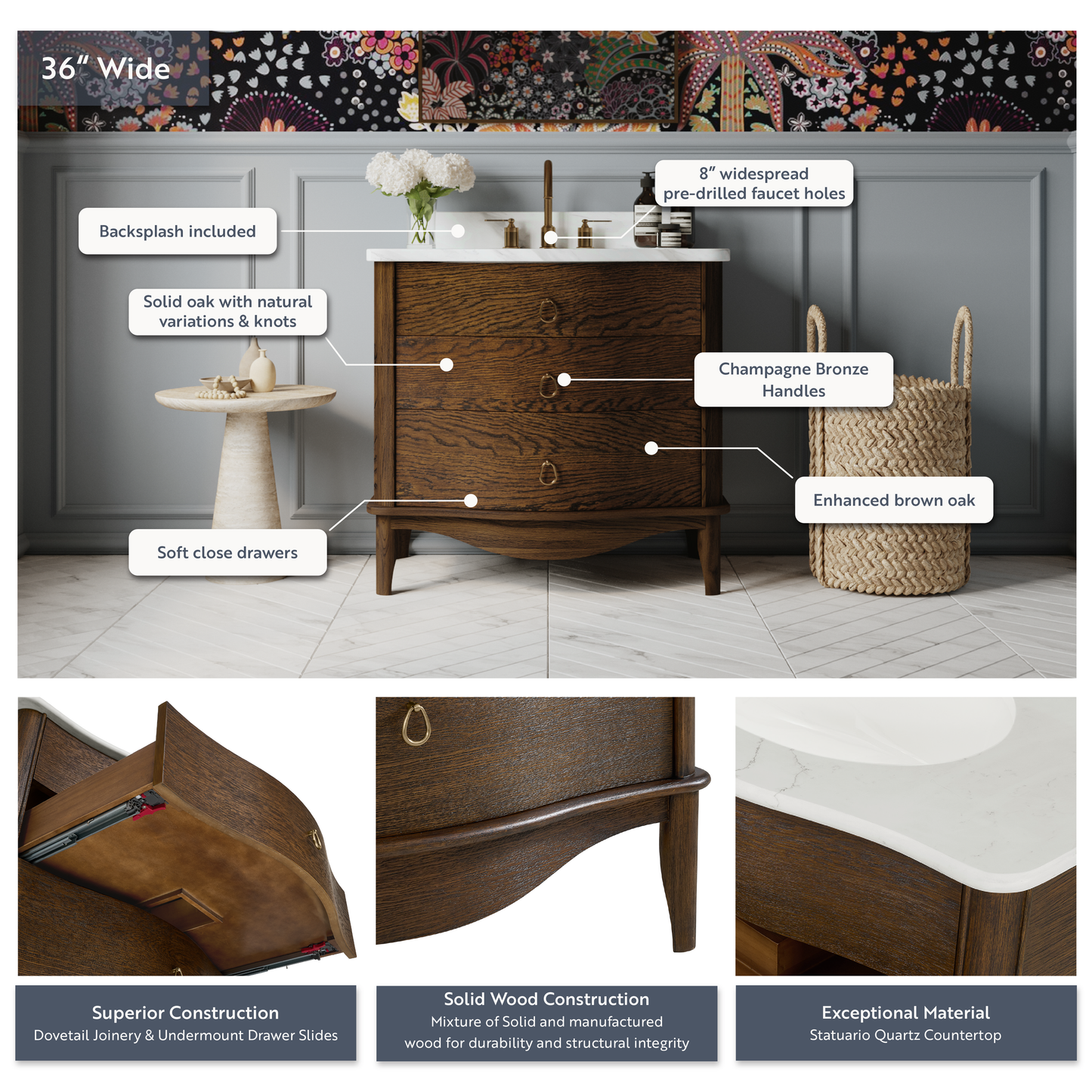 Grace 36" Single Bathroom Vanity | Statuario Quartz Countertop