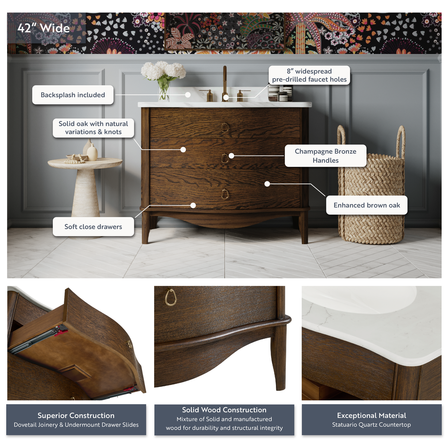 Grace 42" Single Bathroom Vanity | Enhanced Brown Oak | Statuario Quartz Countertop