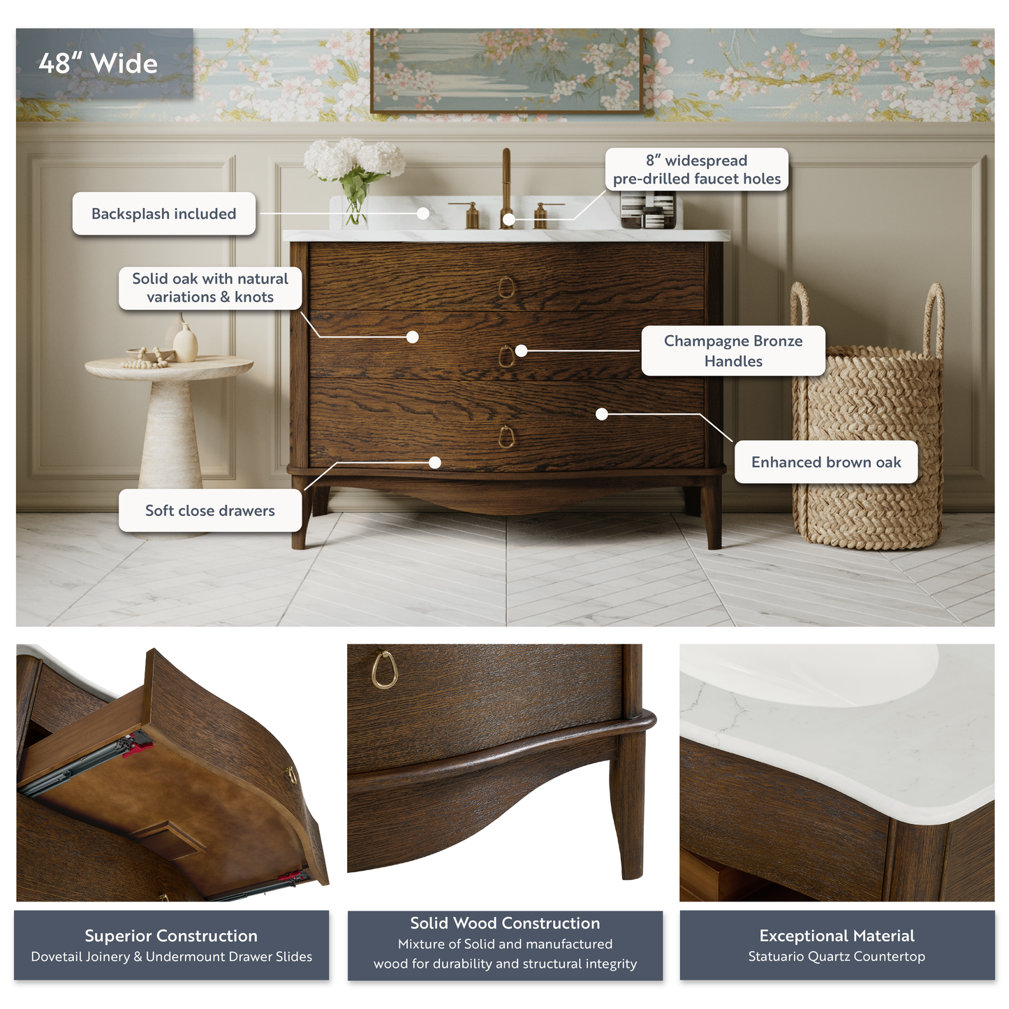Grace 48" Single Bathroom Vanity | Enhanced Brown Oak | Statuario Quartz Countertop