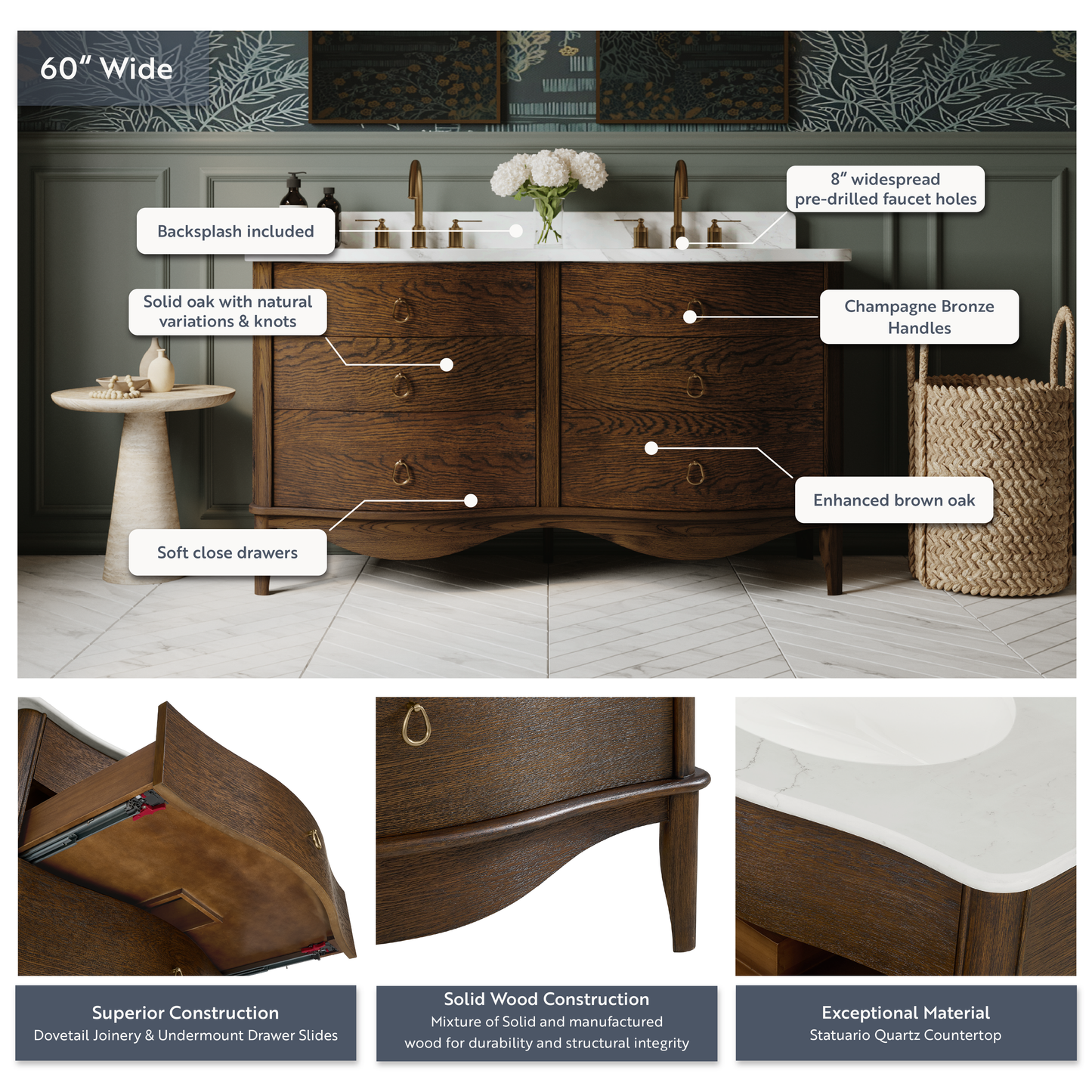 Grace 60" Double Bathroom Vanity | Enhanced Brown Oak | Statuario Quartz Countertop
