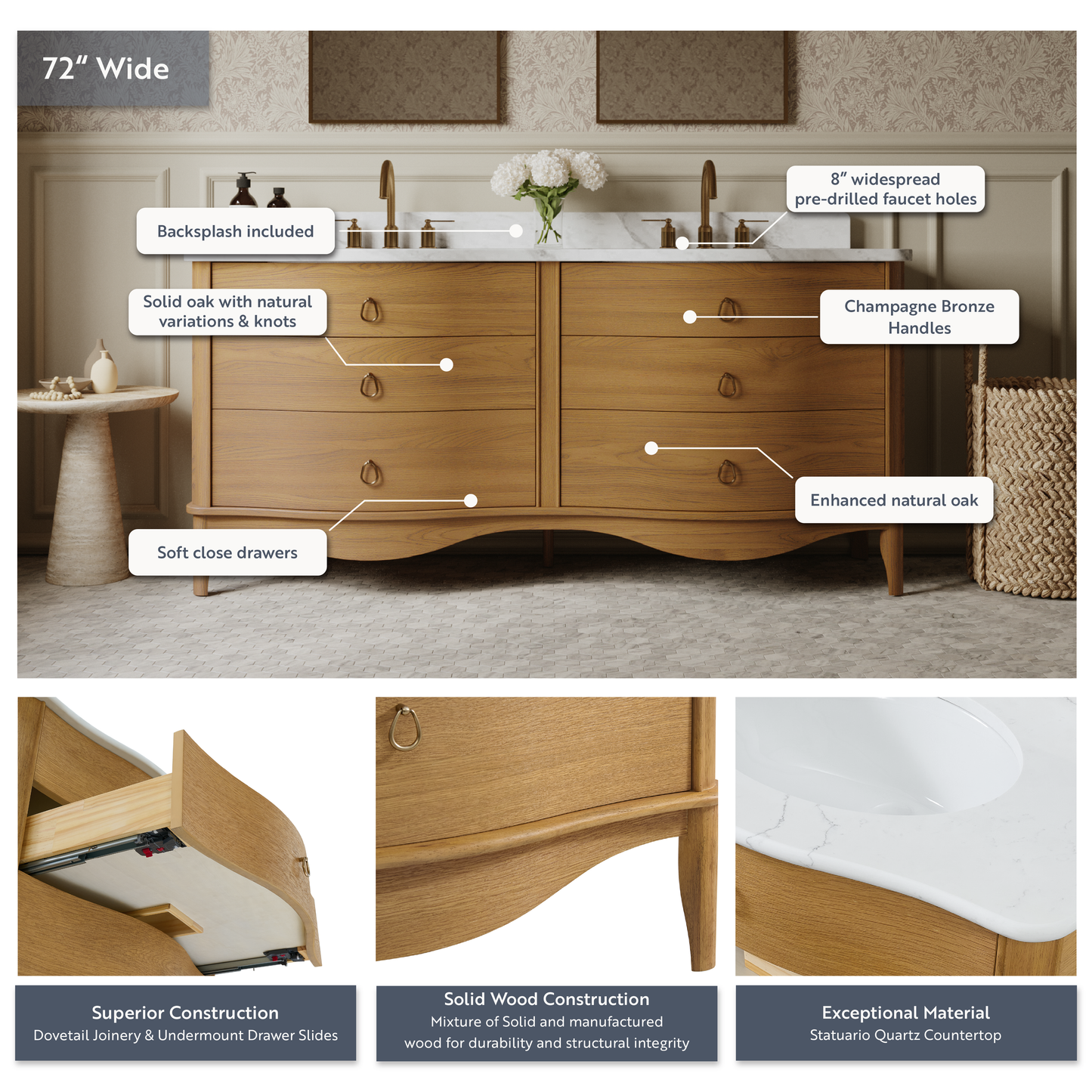 Grace 72" Double Bathroom Vanity | Statuario Quartz Countertop