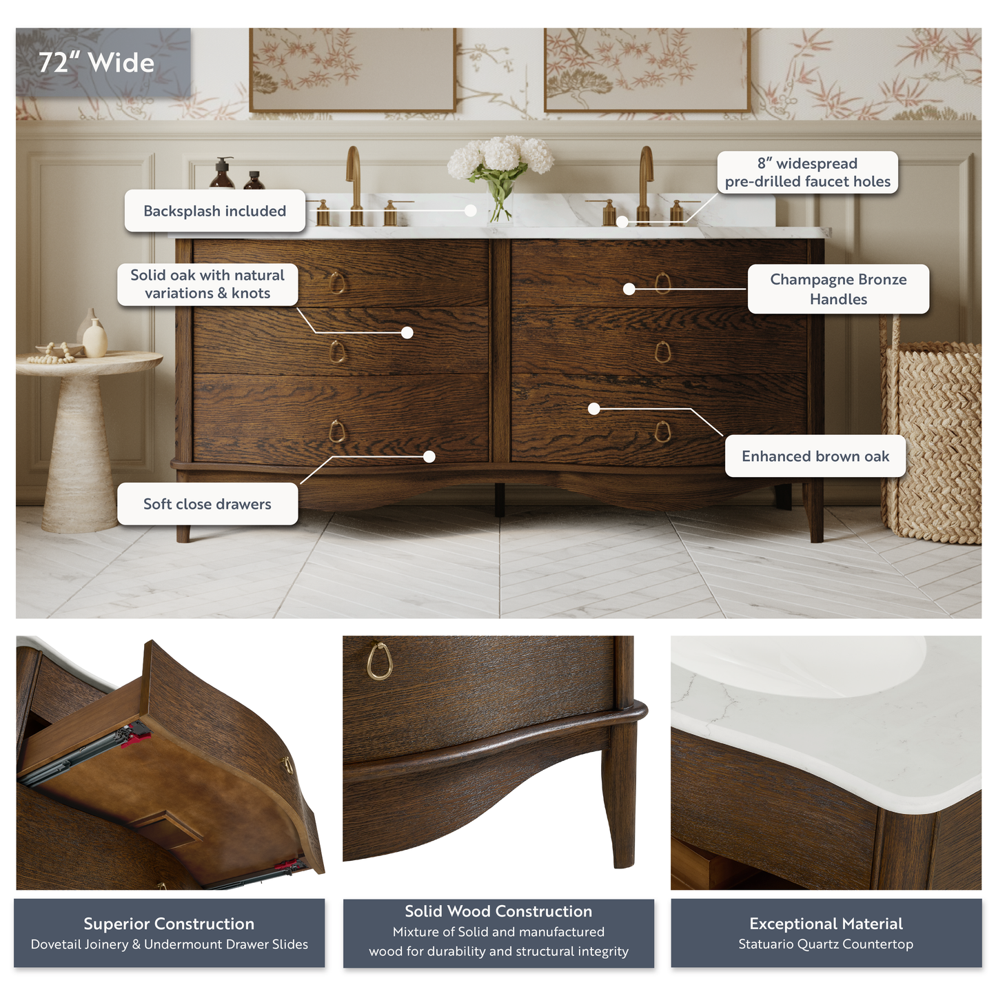 Grace 72" Double Bathroom Vanity | Enhanced Brown Oak | Statuario Quartz Countertop