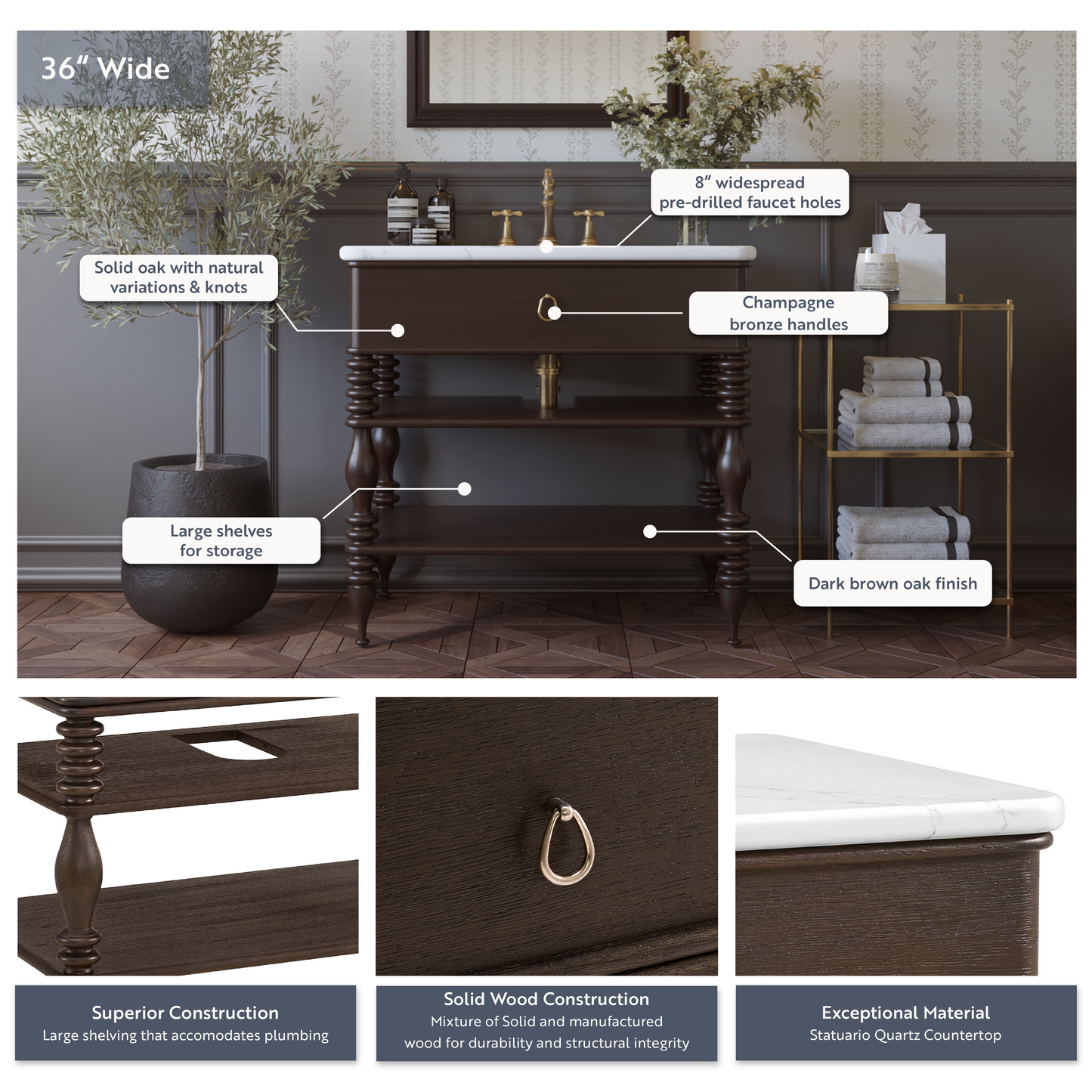 Chantilly 36" Single Sink Bathroom Vanity | Statuario Quartz Countertop