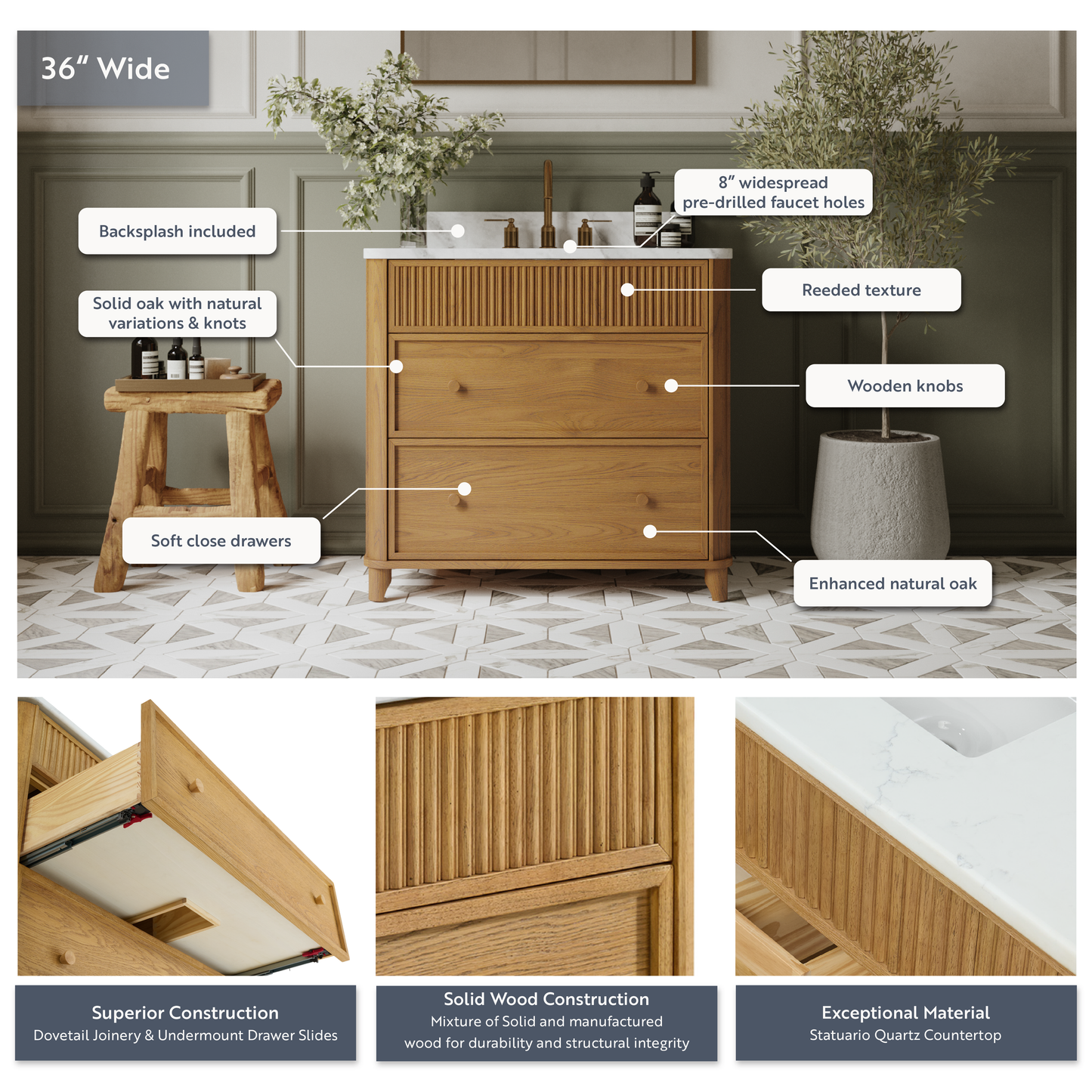 Kathryne 36" Single Sink Bathroom Vanity | Statuario Quartz Countertop