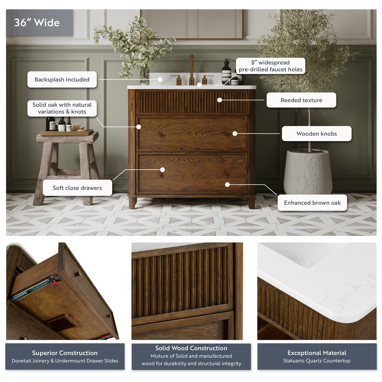 Kathryne 36" Single Bathroom Vanity in Enhanced Brown Oak | Statuario Quartz Countertop