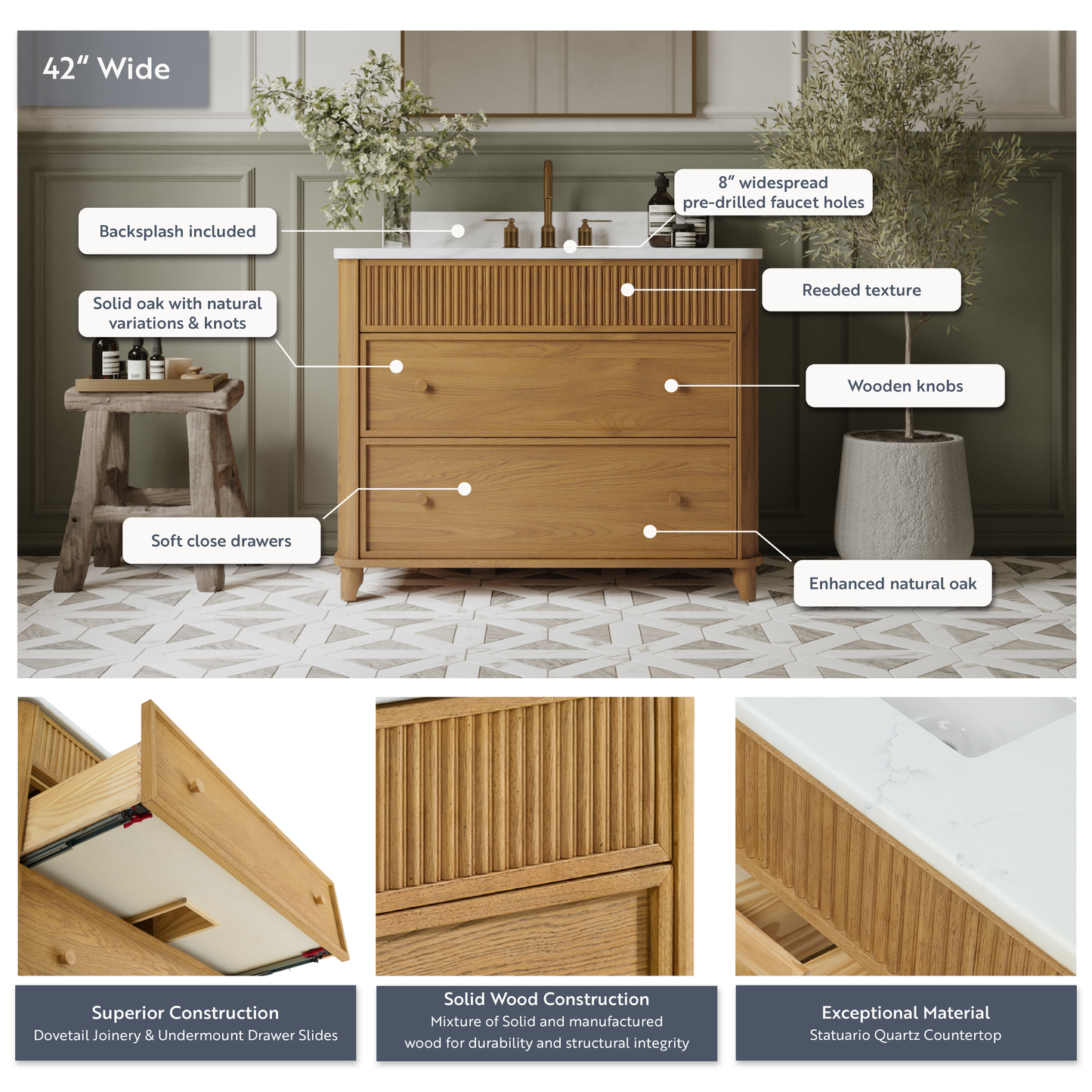 Kathryne 42" Single Bathroom Vanity | Statuario Quartz Countertop