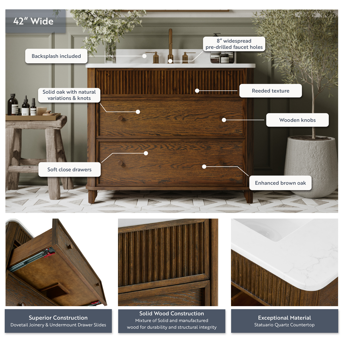 Kathryne 42" Single Bathroom Vanity in Enhanced Brown Oak | Statuario Quartz Countertop