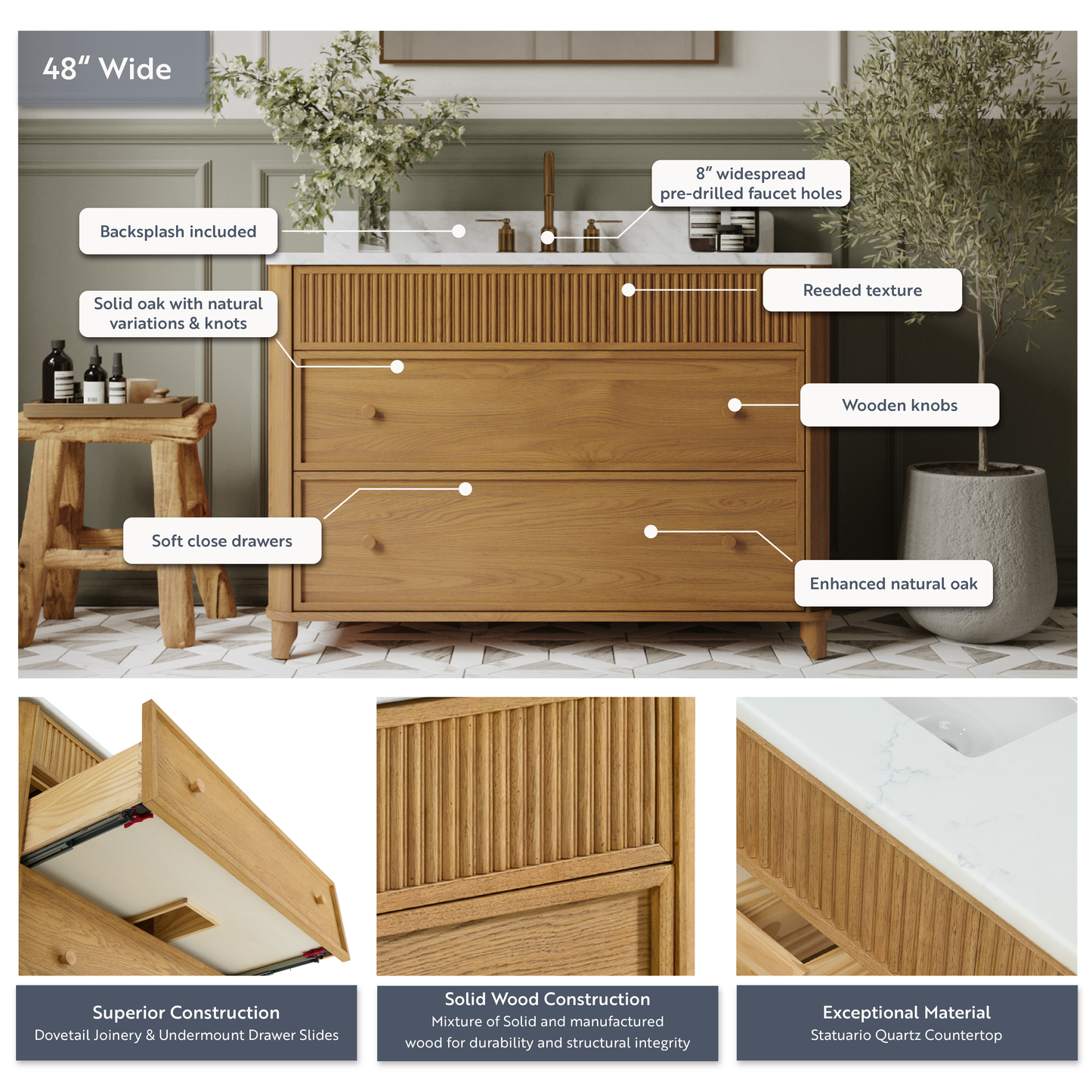 Kathryne 48" Single Sink Bathroom Vanity | Statuario Quartz Countertop
