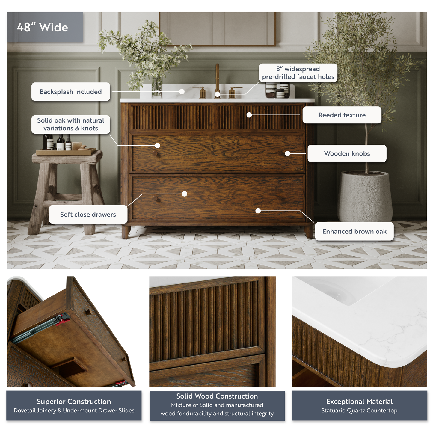Kathryne 48" Single Bathroom Vanity in Enhanced Brown Oak | Statuario Quartz Countertop