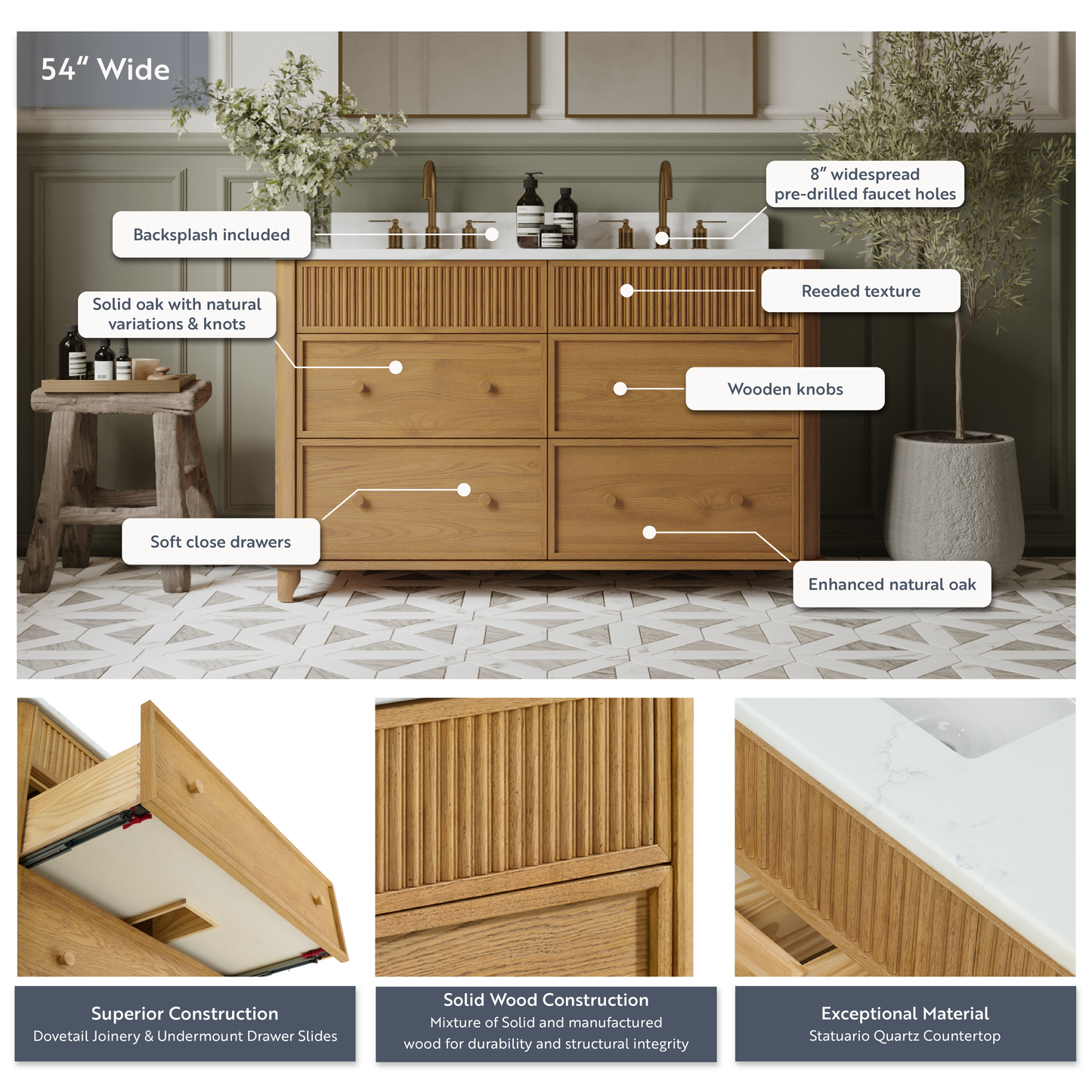 Kathryne 54" Double Bathroom Vanity | Statuario Quartz Countertop