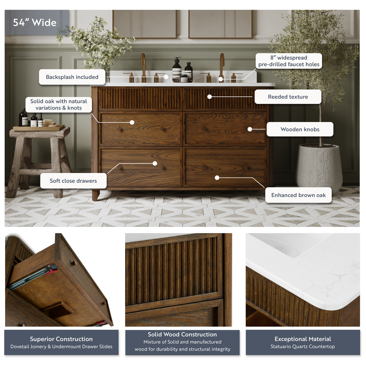 Kathryne 54" Double Bathroom Vanity in Enhanced Brown Oak | Statuario Quartz Countertop