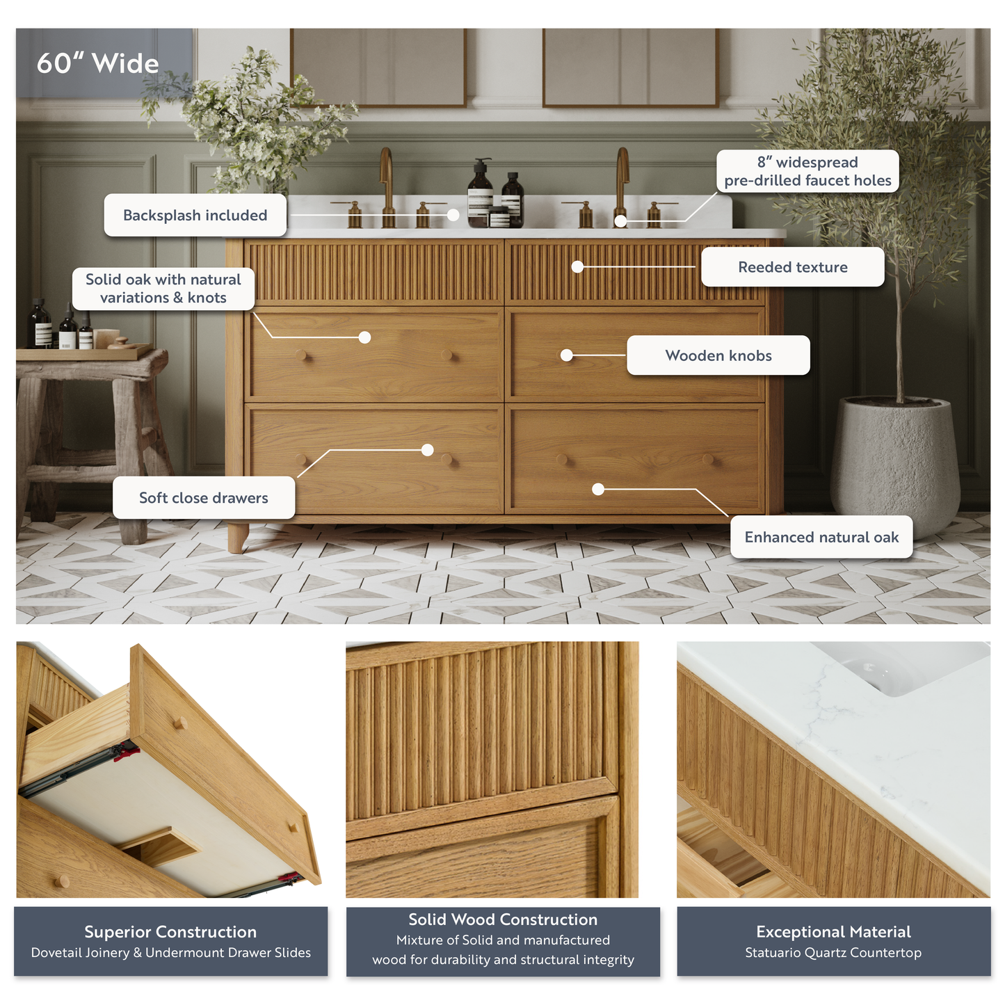 Kathryne 60" Double Bathroom Vanity | Statuario Quartz Countertop