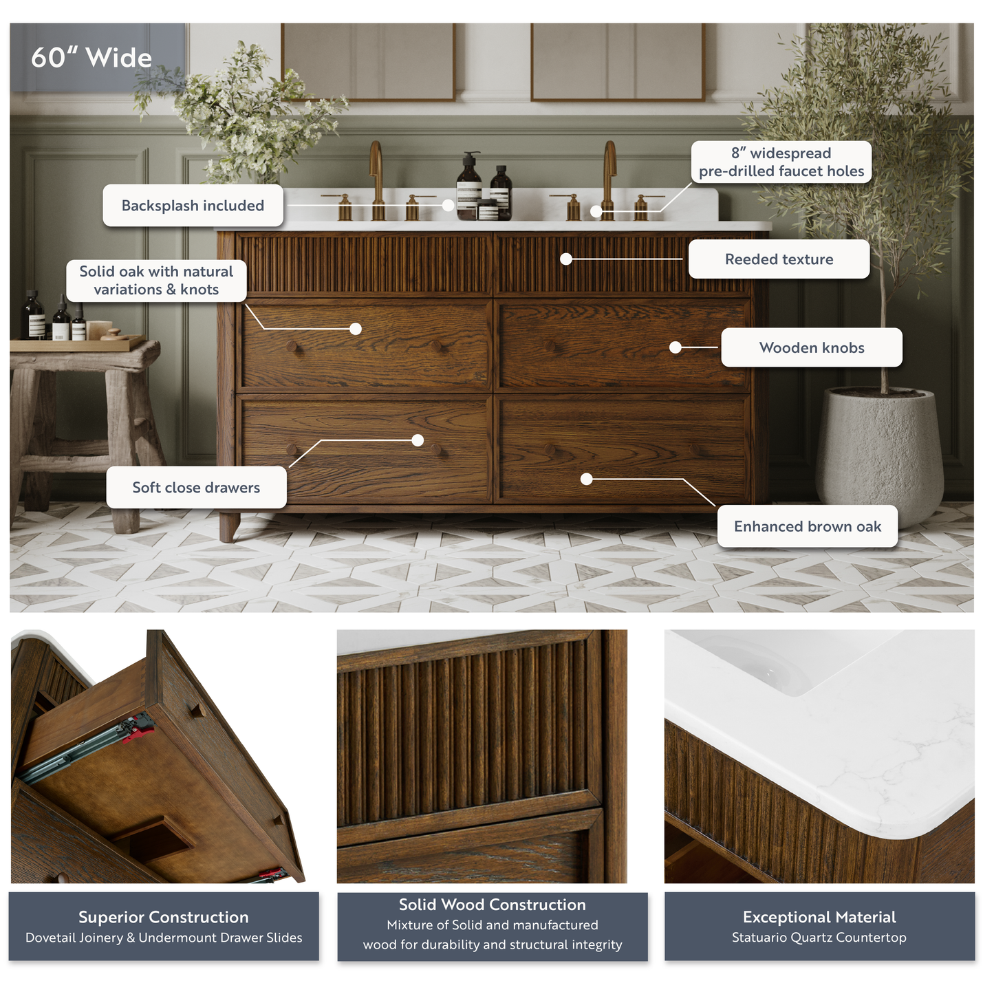 Kathryne 60" Double Bathroom Vanity in Enhanced Brown Oak | Statuario Quartz Countertop