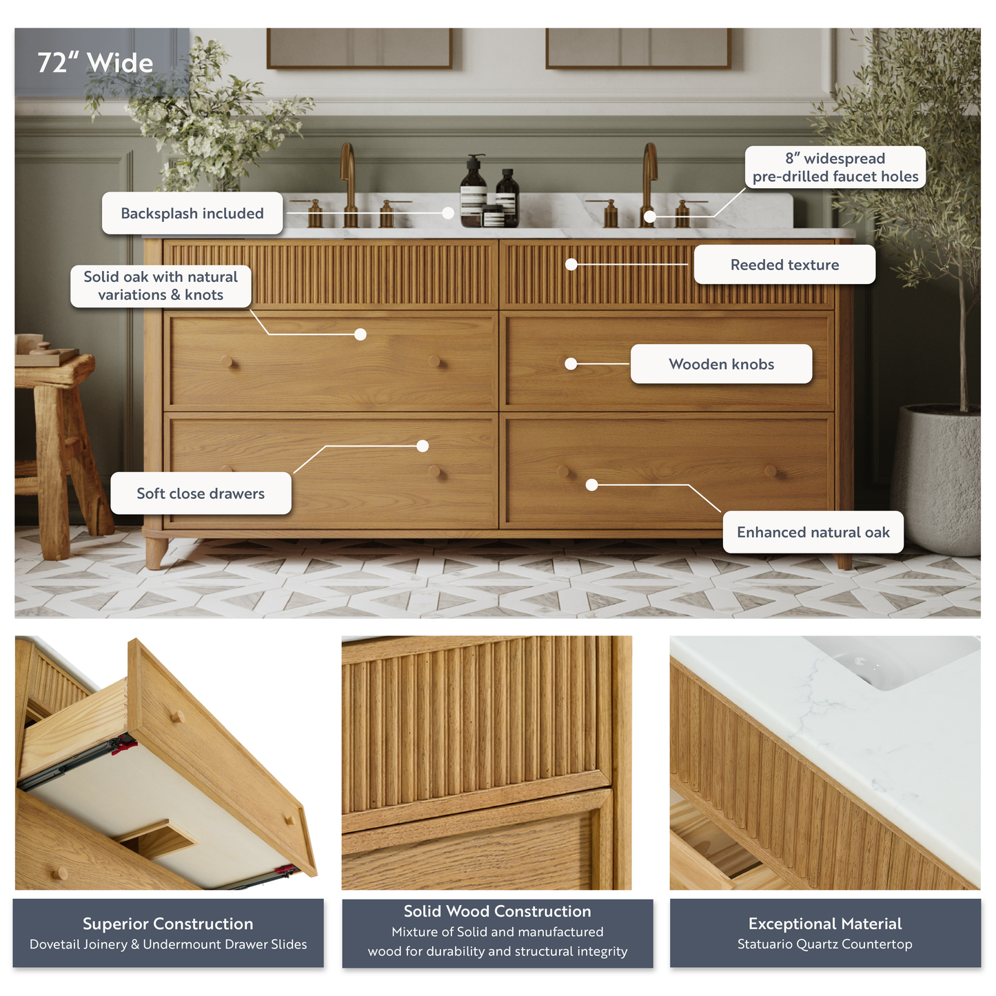Kathryne 72" Double Sink Bathroom Vanity | Statuario Quartz Countertop