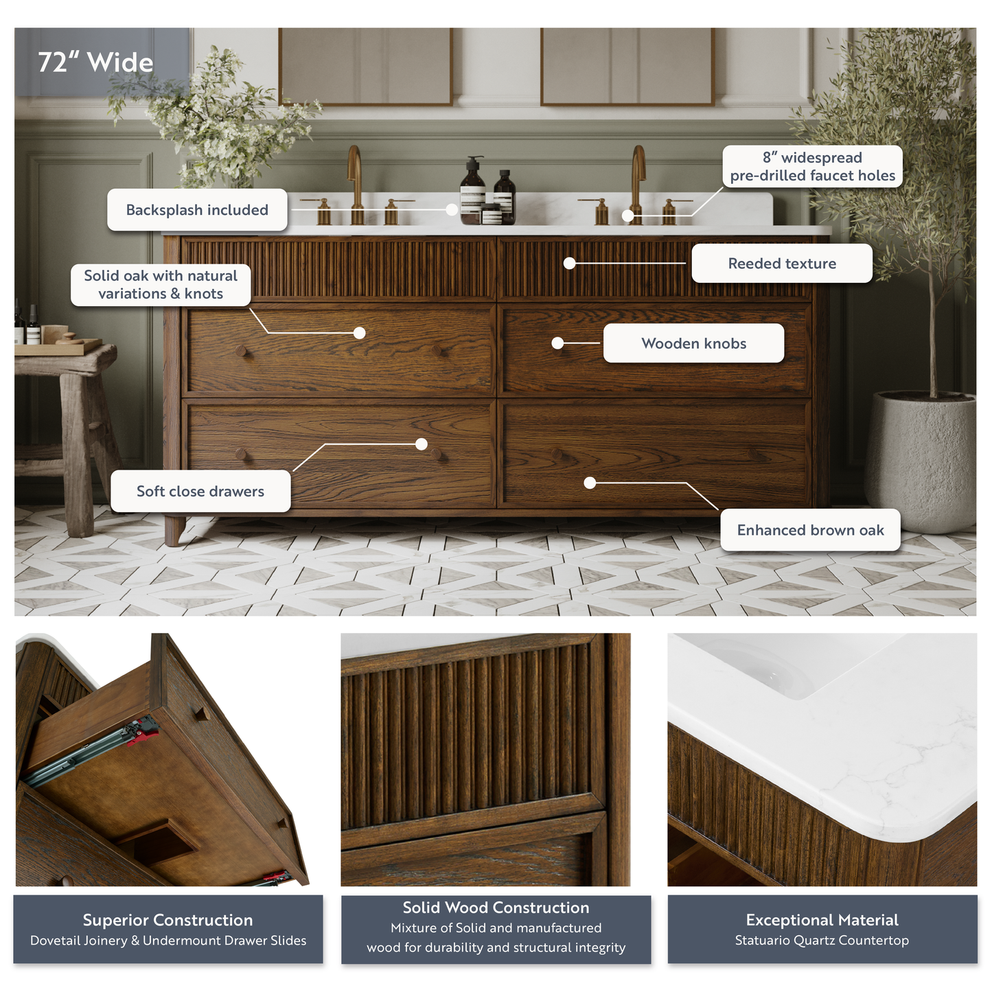 Kathryne 72" Double Bathroom Vanity in Enhanced Brown Oak | Statuario Quartz Countertop