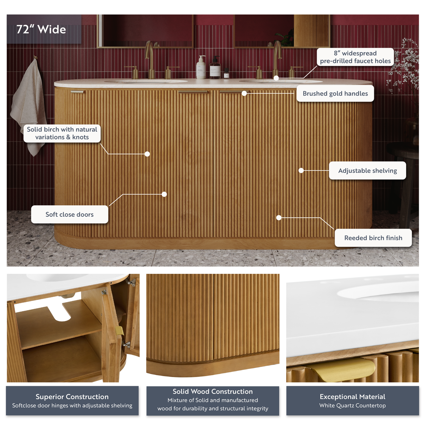 Luna Reeded 72" Double Bathroom Vanity With Quartz Countertop