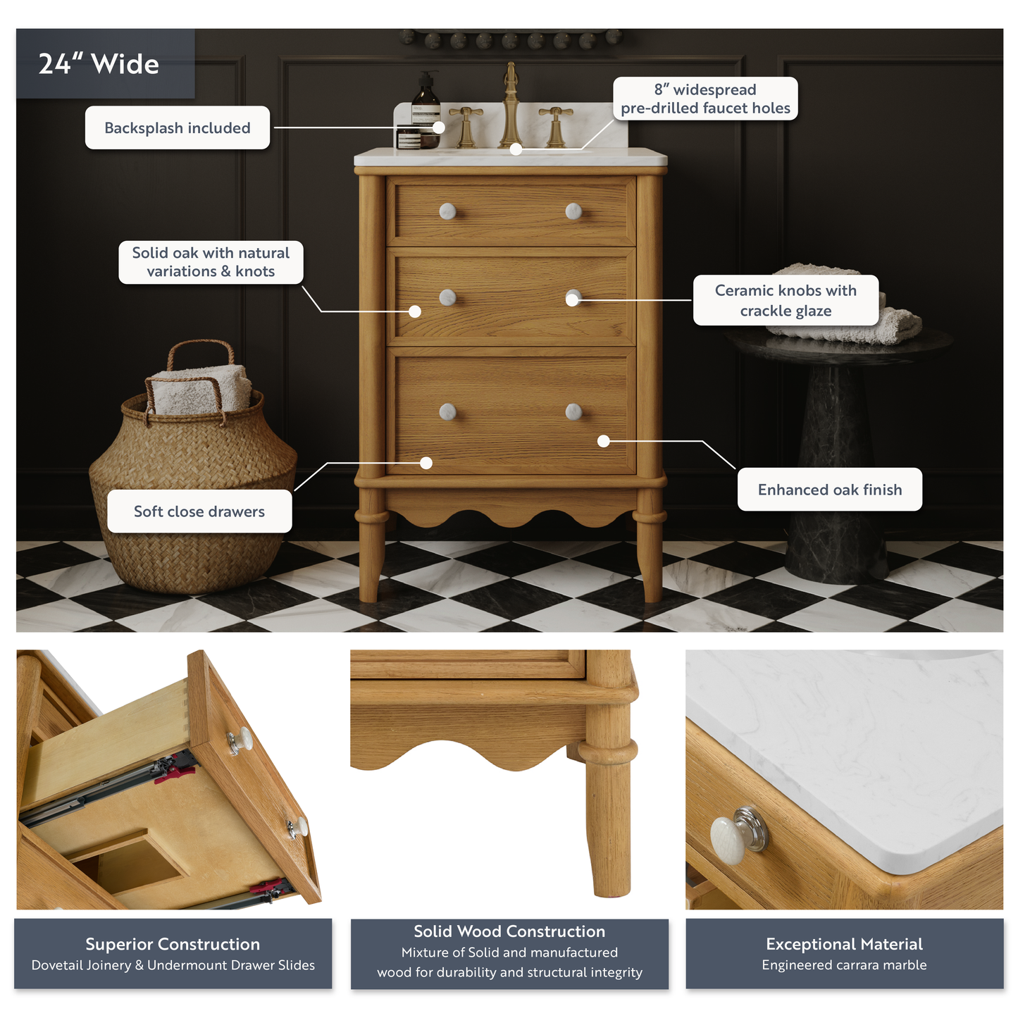 Juliette 24" Scallop Single Bathroom Vanity | Enhanced Natural Oak | Cultured Marble Countertop