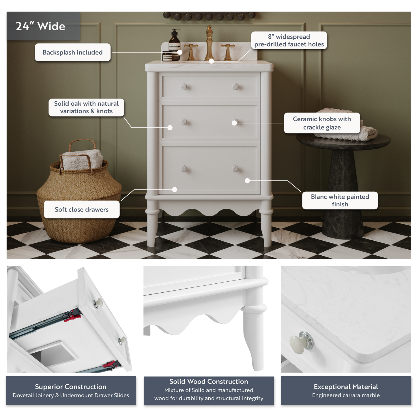 Juliette 24" Scallop Single Bathroom Vanity | Blanc White | Cultured Marble Countertop