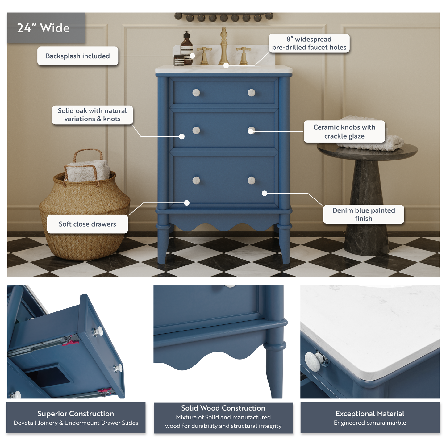 Juliette 24" Scallop Single Bathroom Vanity | Denim Blue | Cultured Marble Countertop