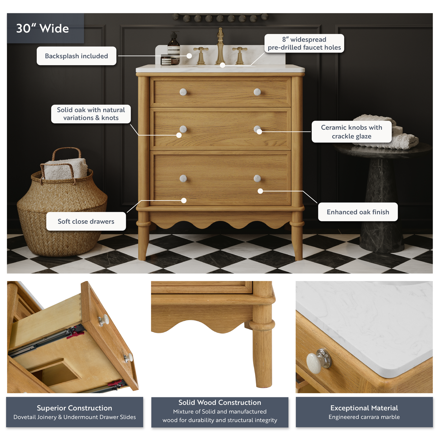 Juliette 30"W x 20"D Single Bathroom Vanity | Natural Enhanced Oak | Cultured Marble Countertop