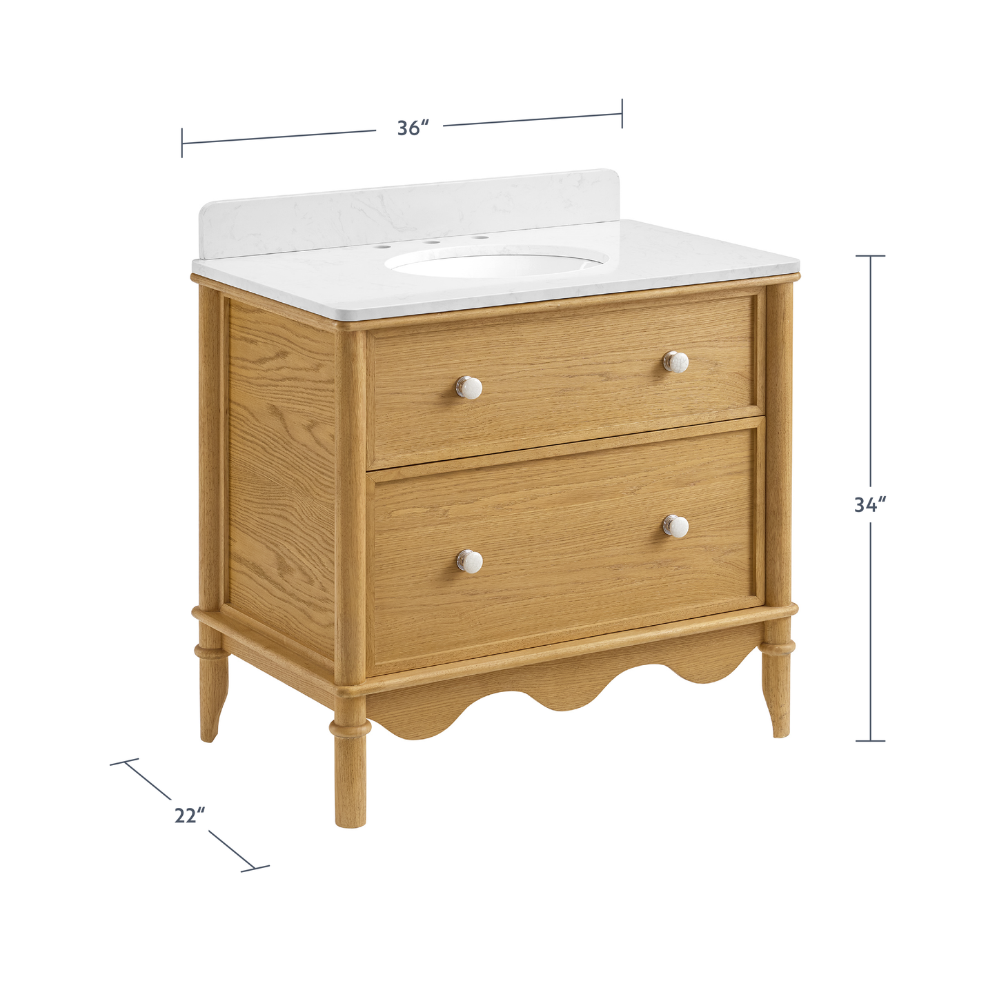 Juliette 36"W Scallop Single Bathroom Vanity | Natural Enhanced Oak | Cultured Marble Countertop