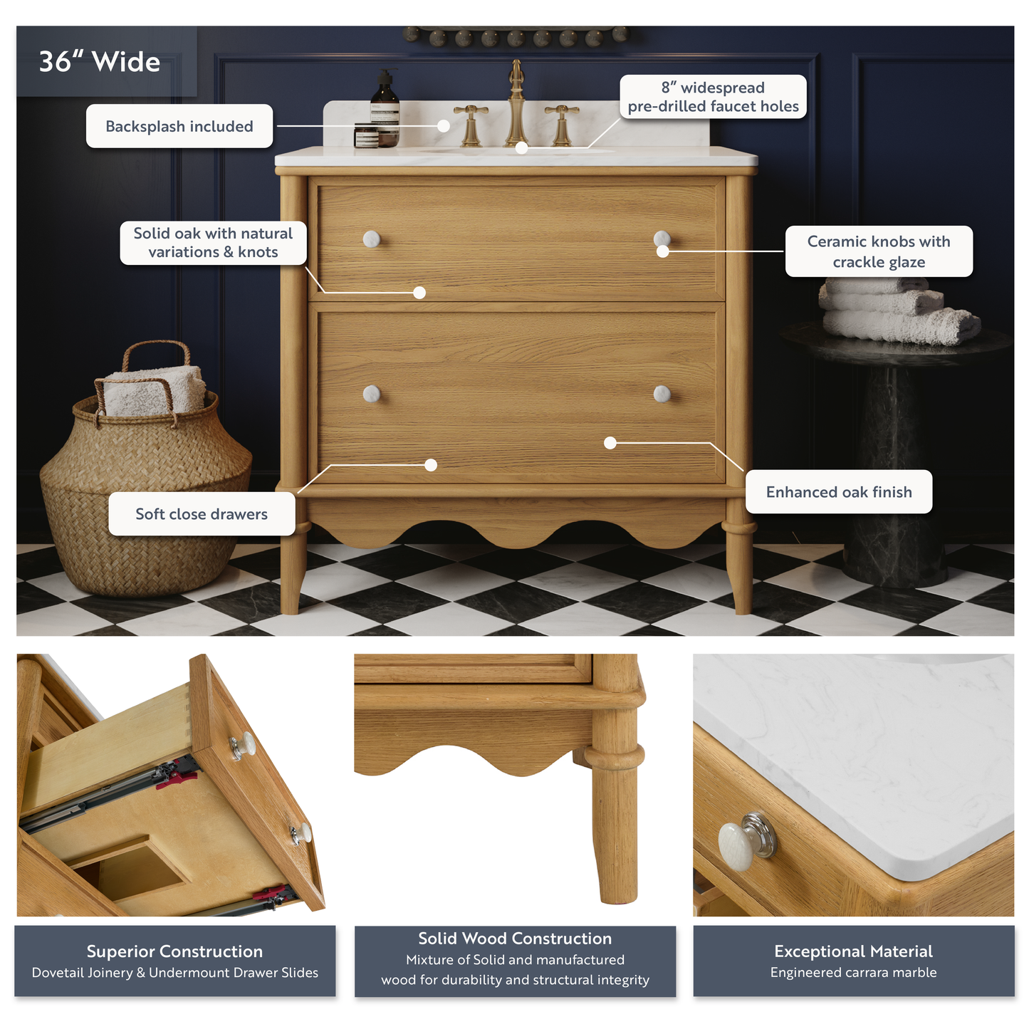 Juliette 36"W Scallop Single Bathroom Vanity | Natural Enhanced Oak | Cultured Marble Countertop