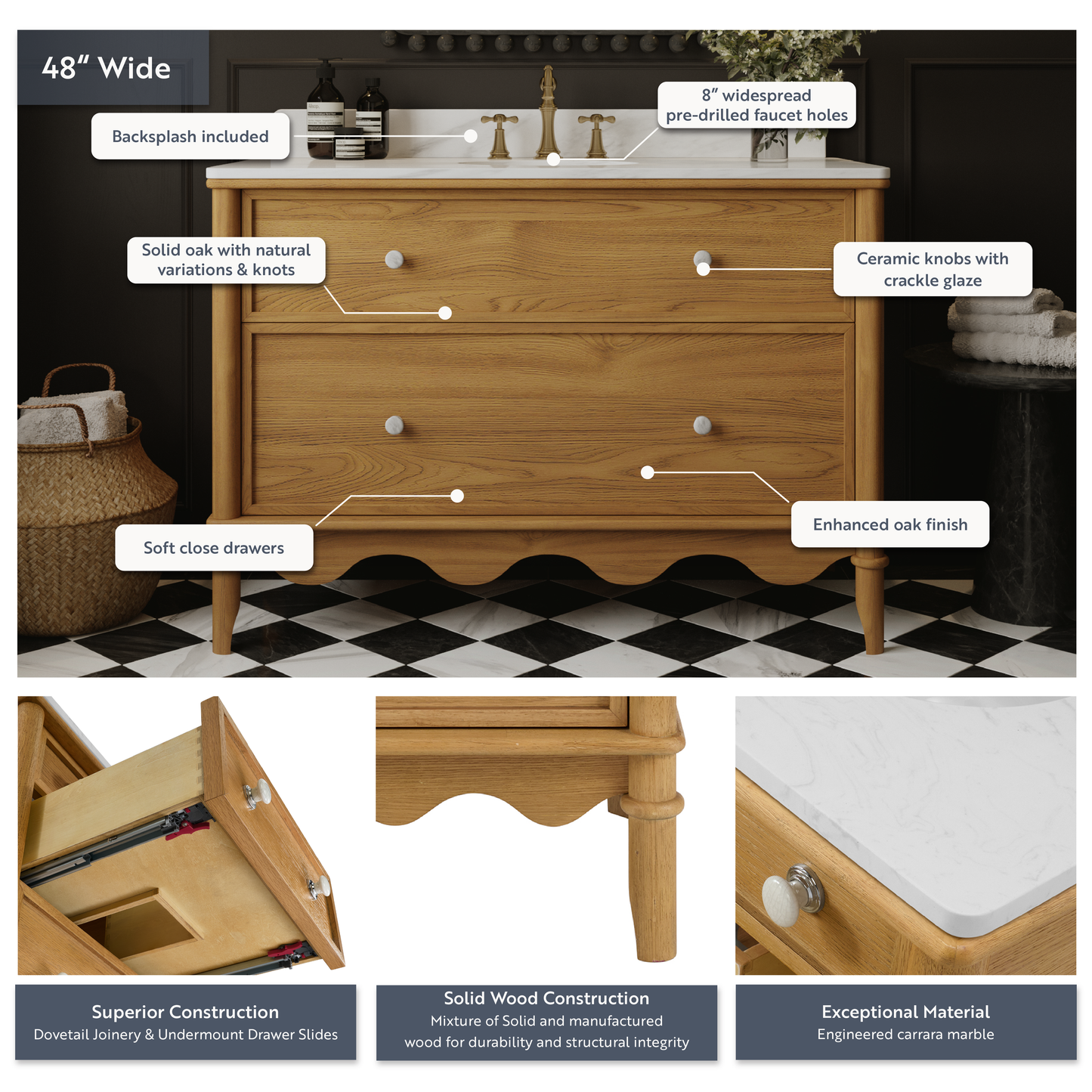 Juliette 48"W Scallop Single Bathroom Vanity | Enhanced Natural Oak |Cultured Marble Countertop