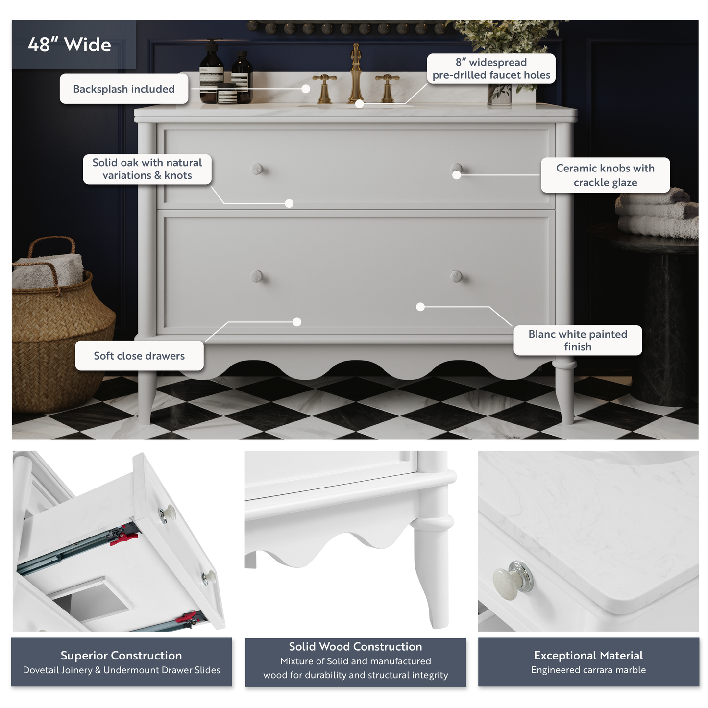 Juliette 48"W Scallop Single Bathroom Vanity | Blanc White |Cultured Marble Countertop