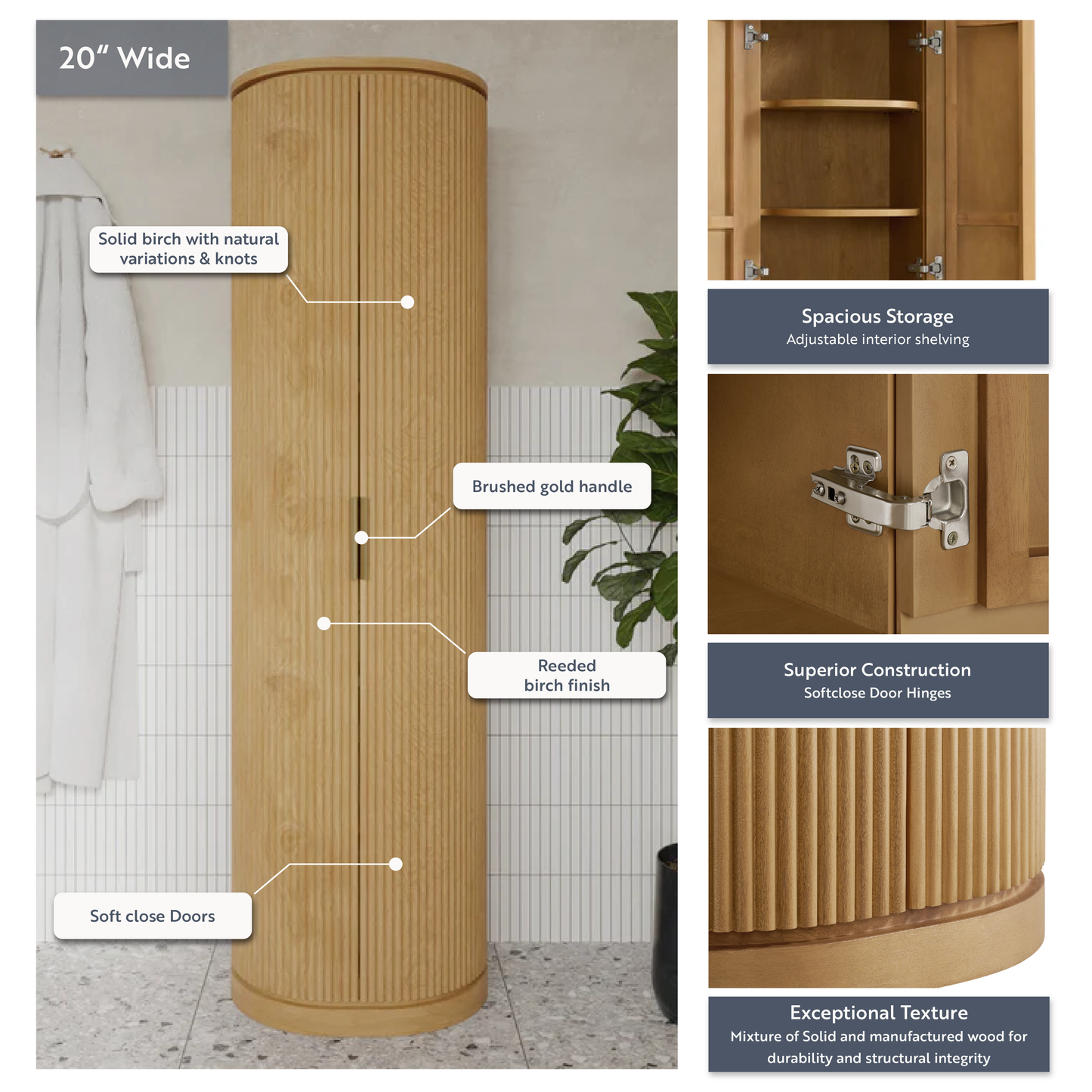 Luna 72" Reeded Birch Linen Cabinet