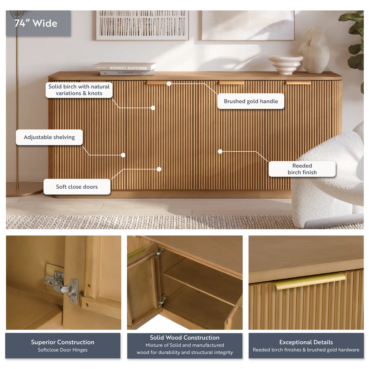 Havana 74" Sideboard in Reeded Birch Finish