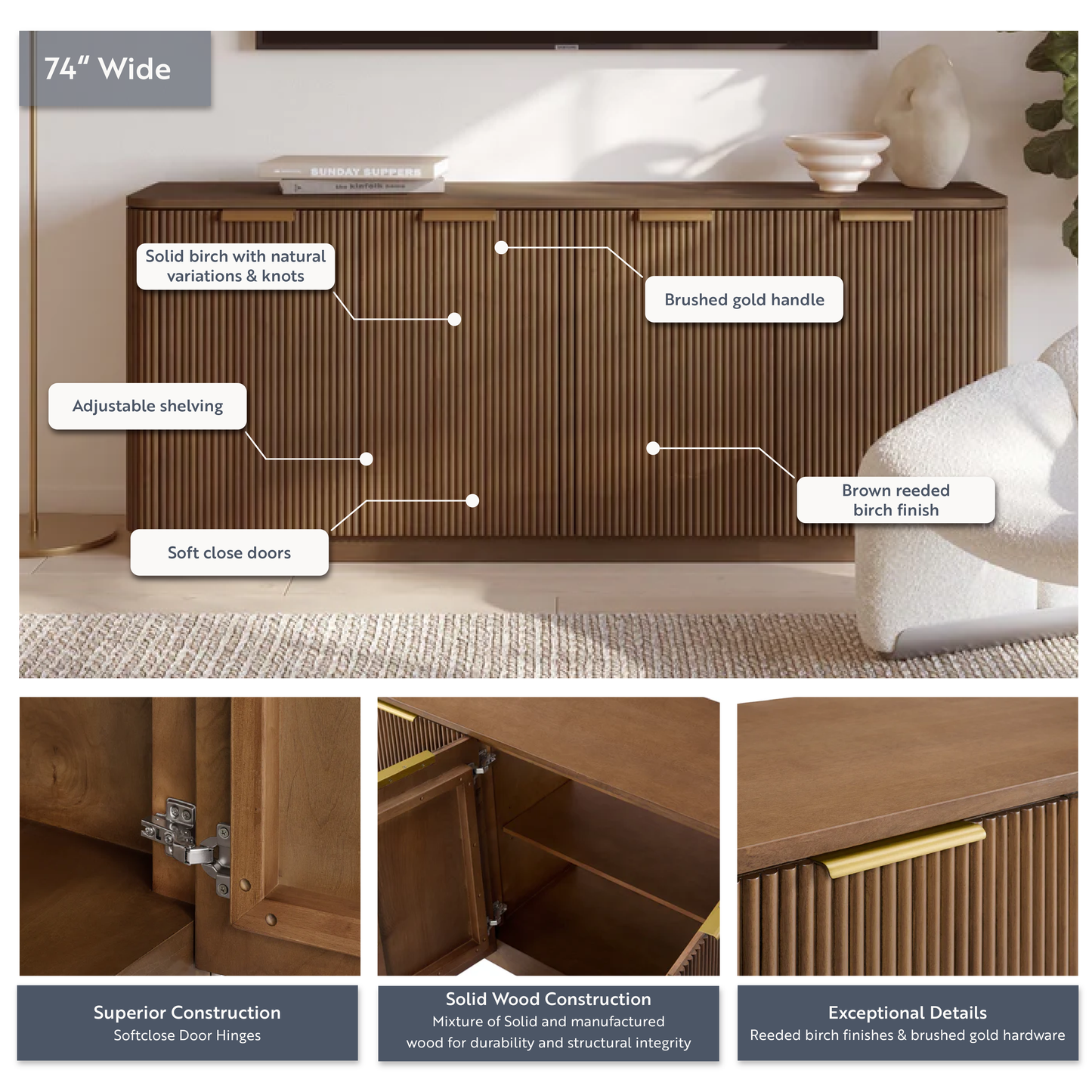 Havana 73.5" Sideboard in Brown Reeded Birch Finish