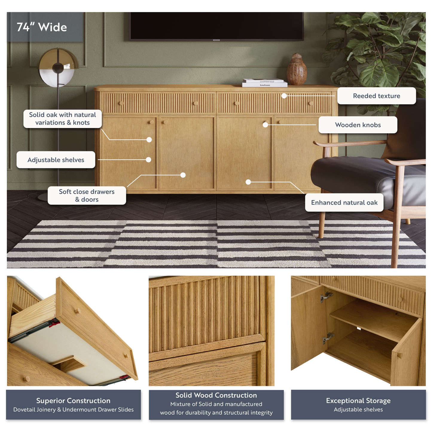 Kathryne 74" Solid Wood Sideboard Buffet In Natural Oak