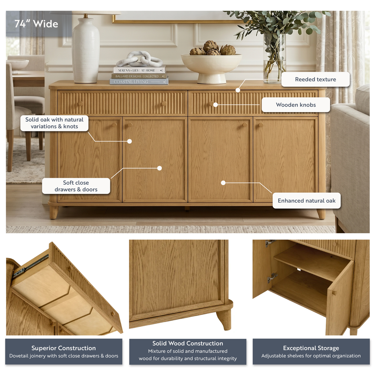 Kathryne 74" Solid Wood Sideboard Buffet In Natural Oak