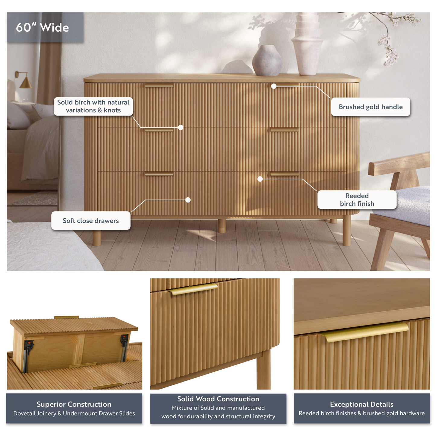 Havana 60" 6-Drawer Dresser in Reeded Birch