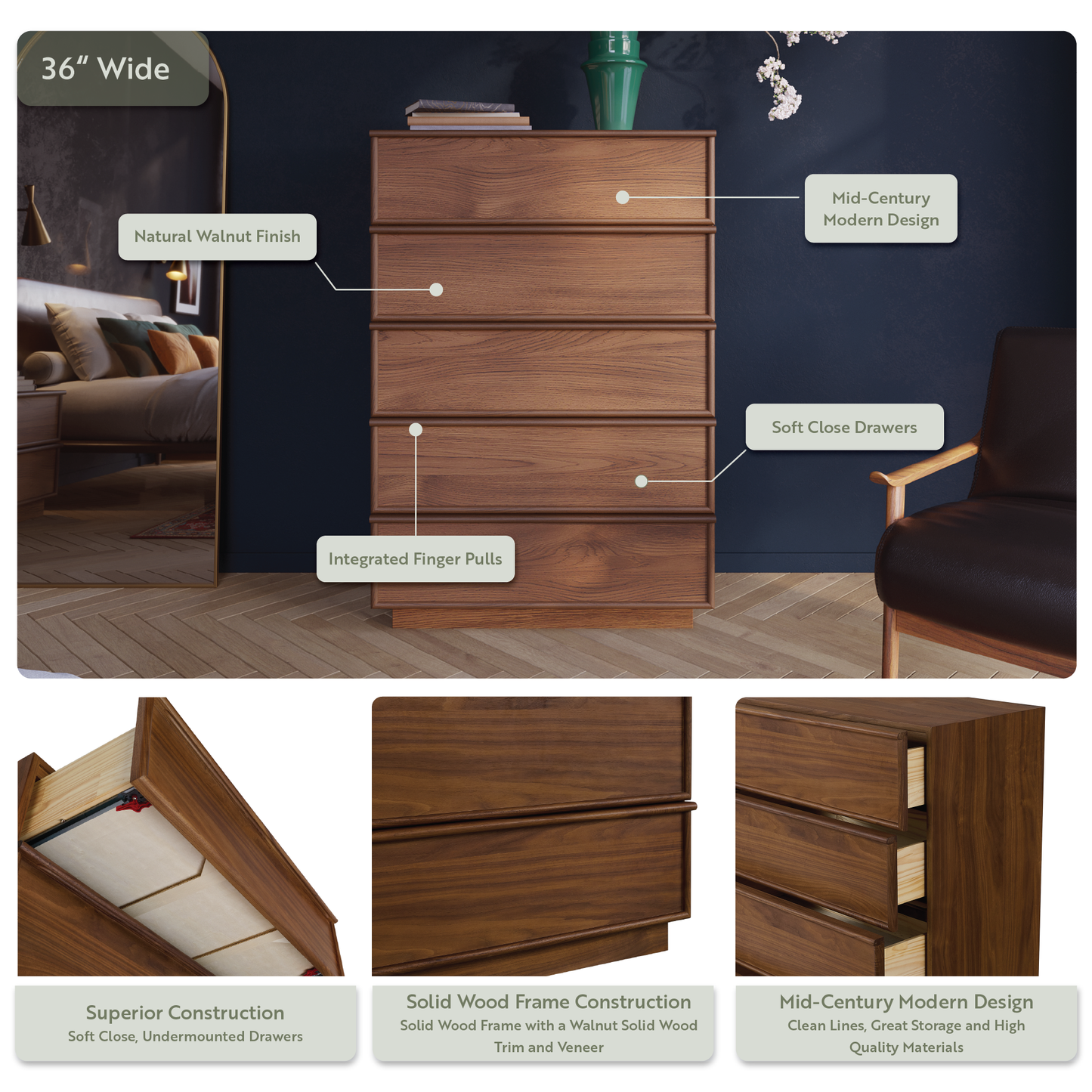 Cooper 36"  Five Drawer Tall Dresser in Natural Walnut