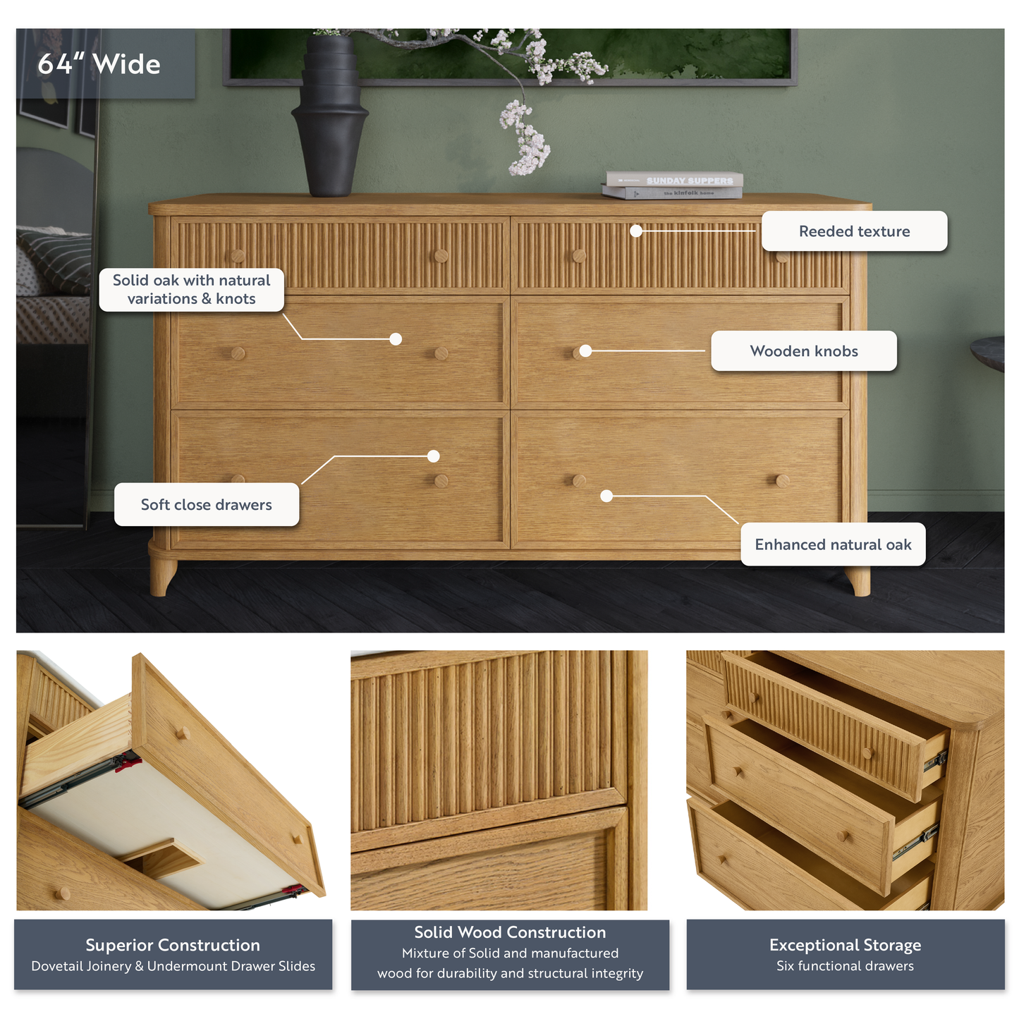 Kathryne 64" Wide Solid Wood 6-Drawer Double Dresser In Natural Oak