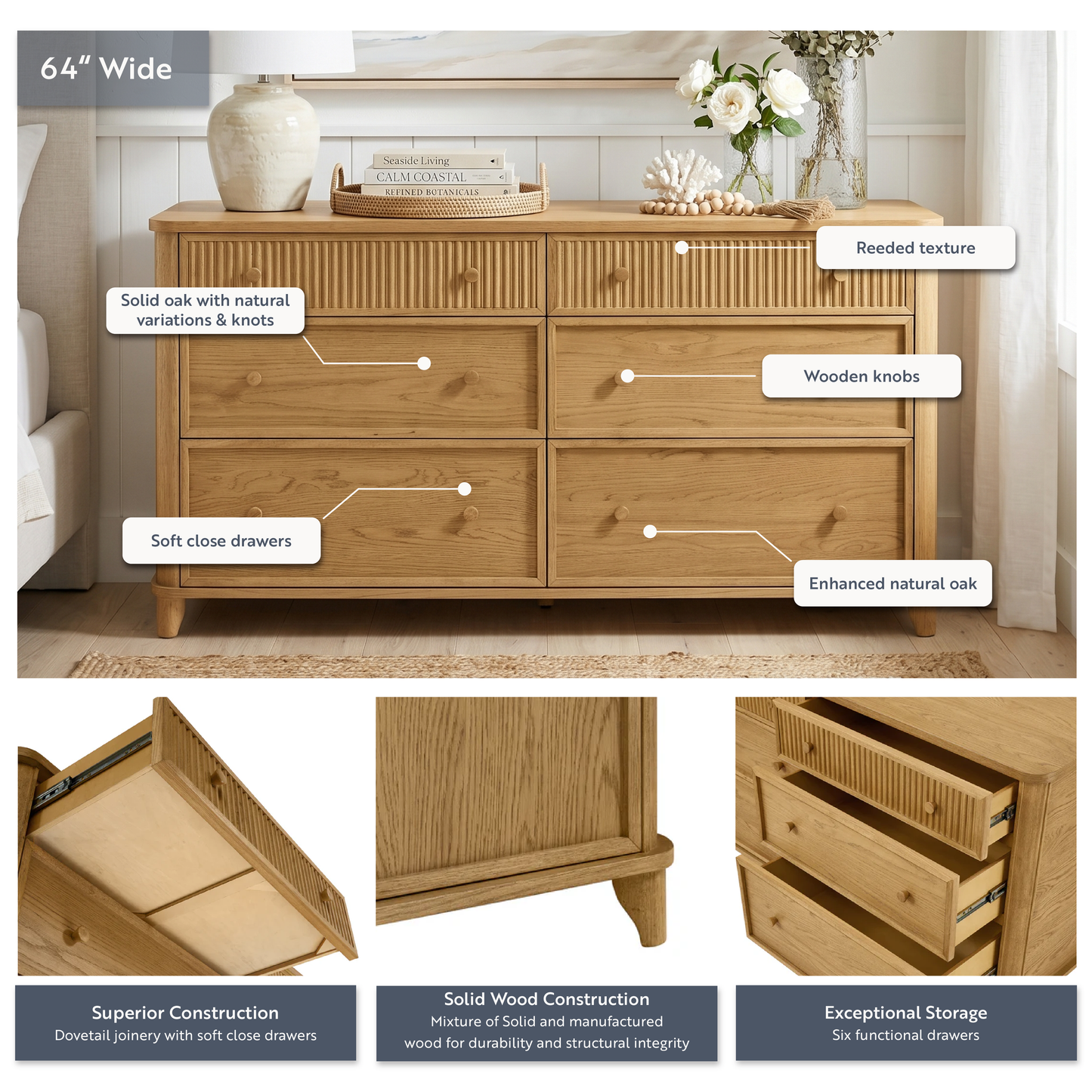 Kathryne 64" Wide Solid Wood 6-Drawer Double Dresser In Natural Oak