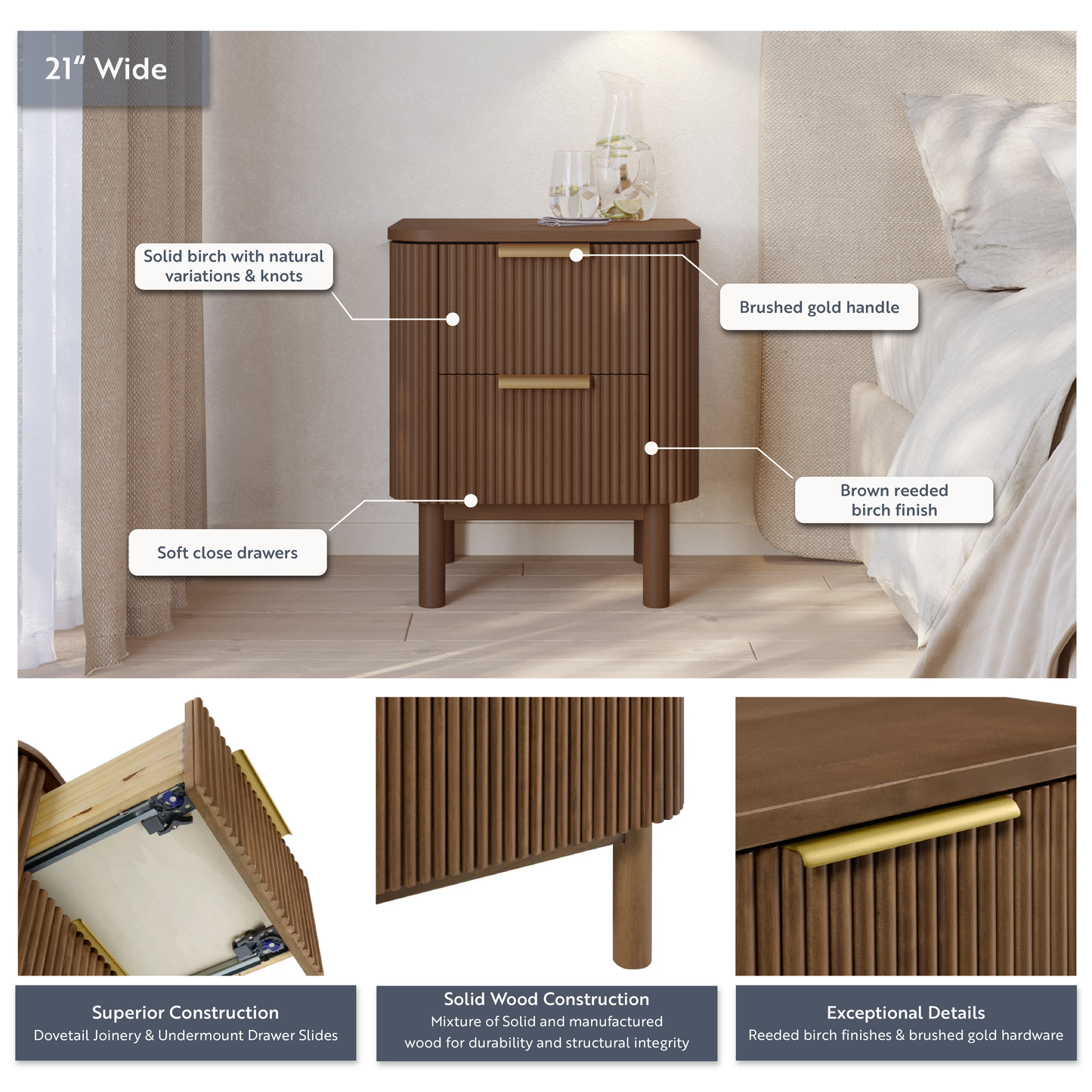 Havana Nightstand in Brown Reeded Birch