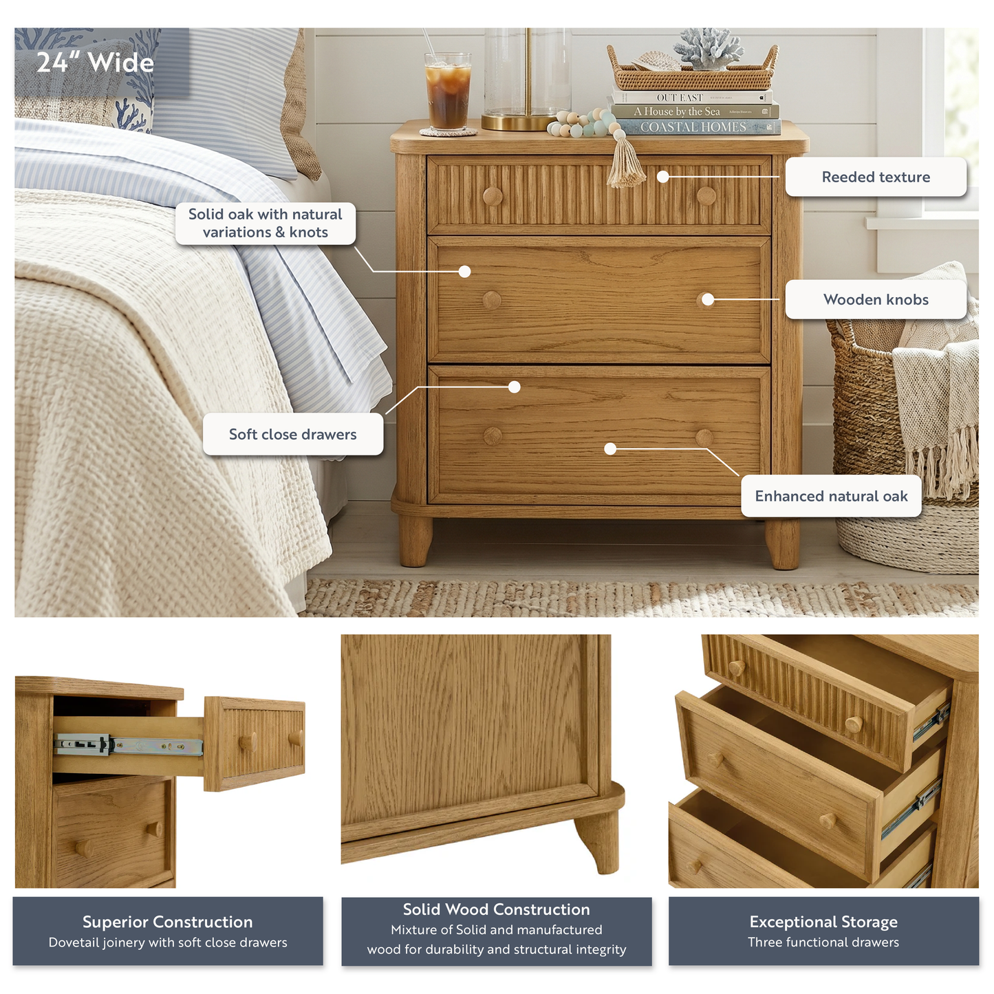 Kathryne 24" Solid Wood 3-Drawer Nightstand In Natural Oak