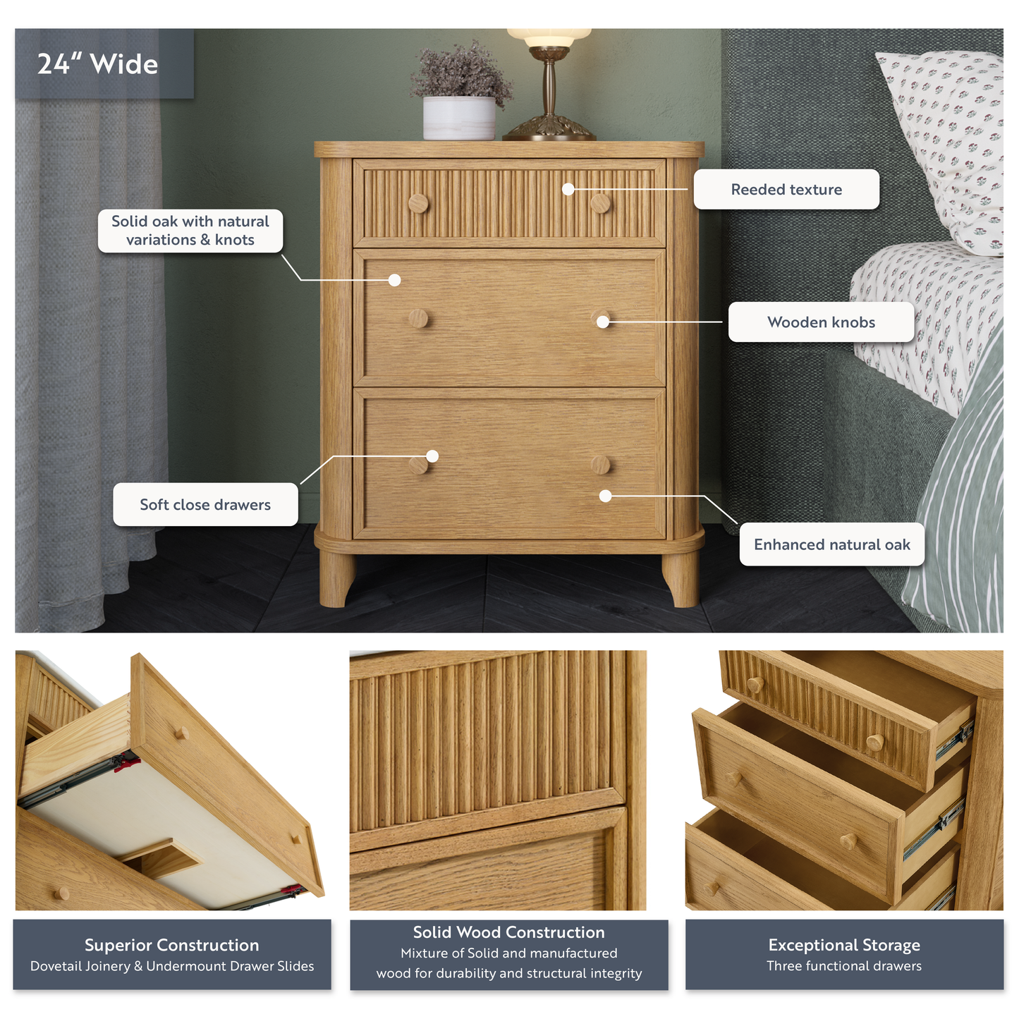 Kathryne 24" Solid Wood 3-Drawer Nightstand In Natural Oak