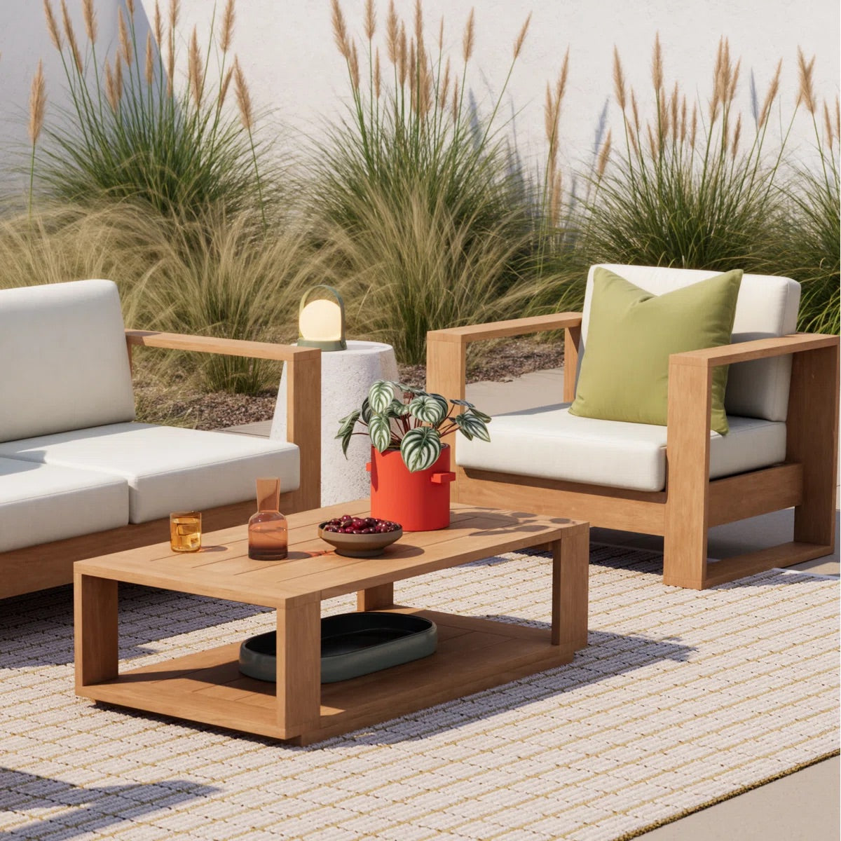 Shay 48" Outdoor Coffee Table In Oiled Eucalyptus