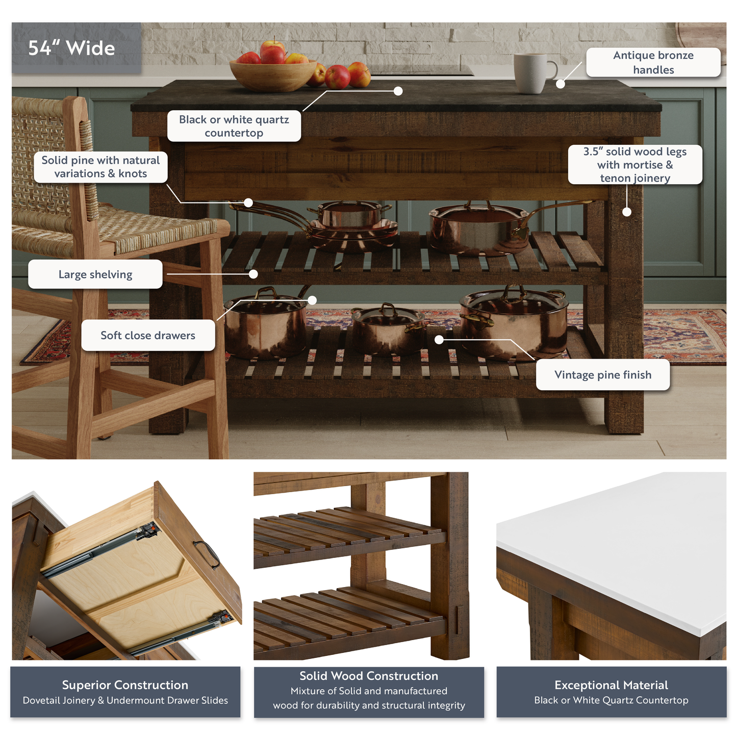 Telluride 54" Kitchen Island | Quartz Countertop