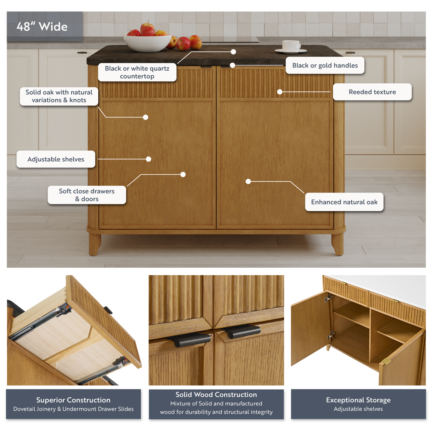 Kathryne 48" Kitchen Island | Quartz Countertop