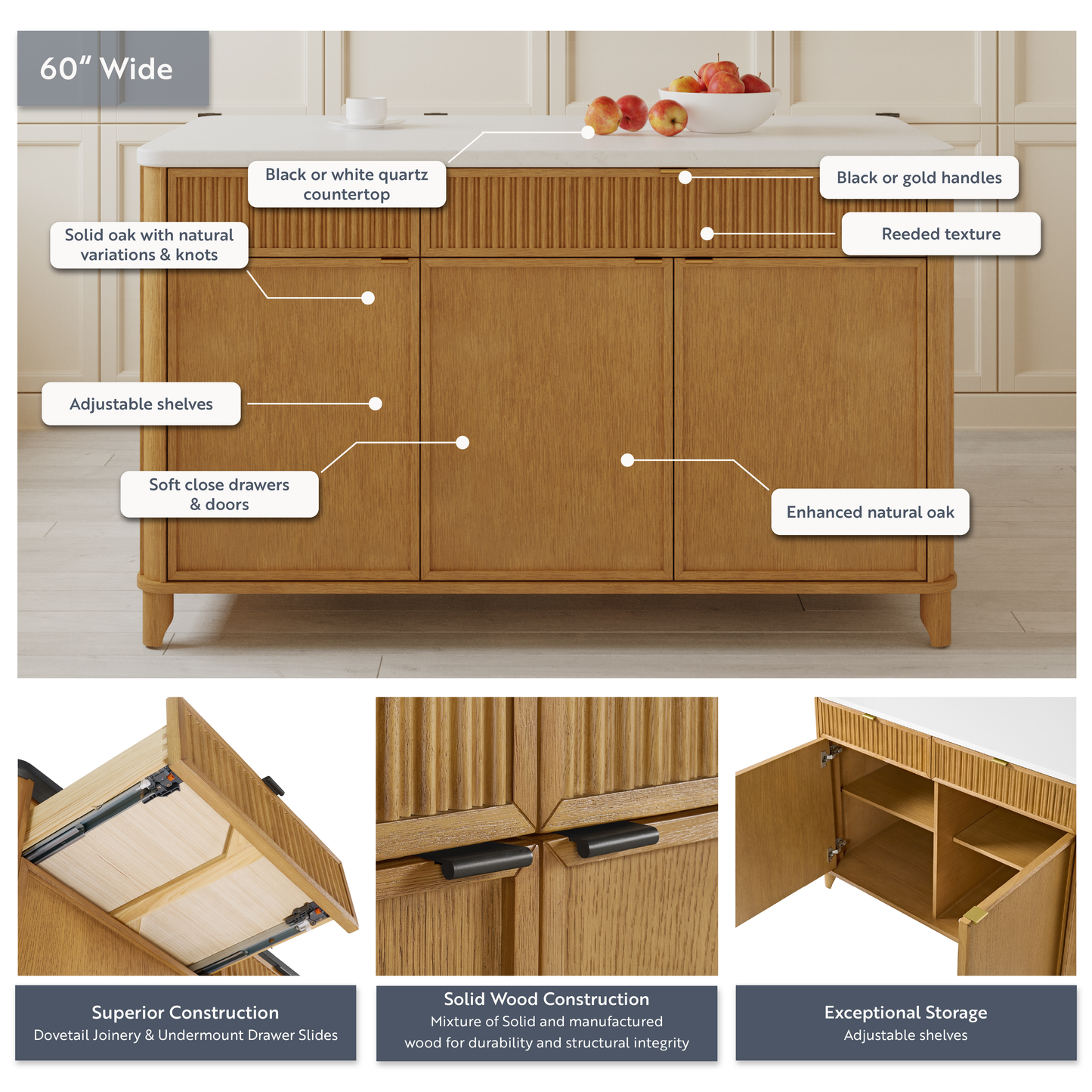 Kathryne 60" Kitchen Island in Oak | Quartz Countertop