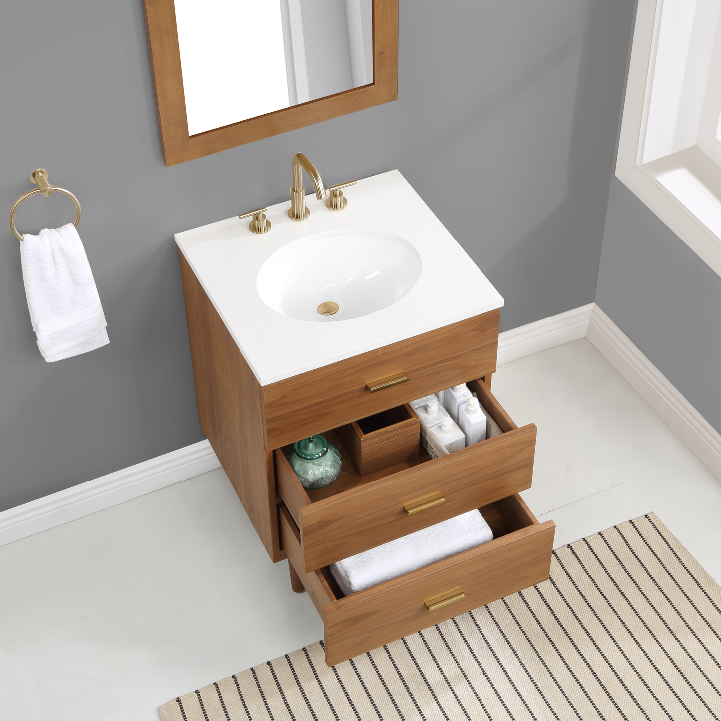 Stockholm 24'' Single Bathroom Vanity in Natural Walnut | White Quartz Countertop