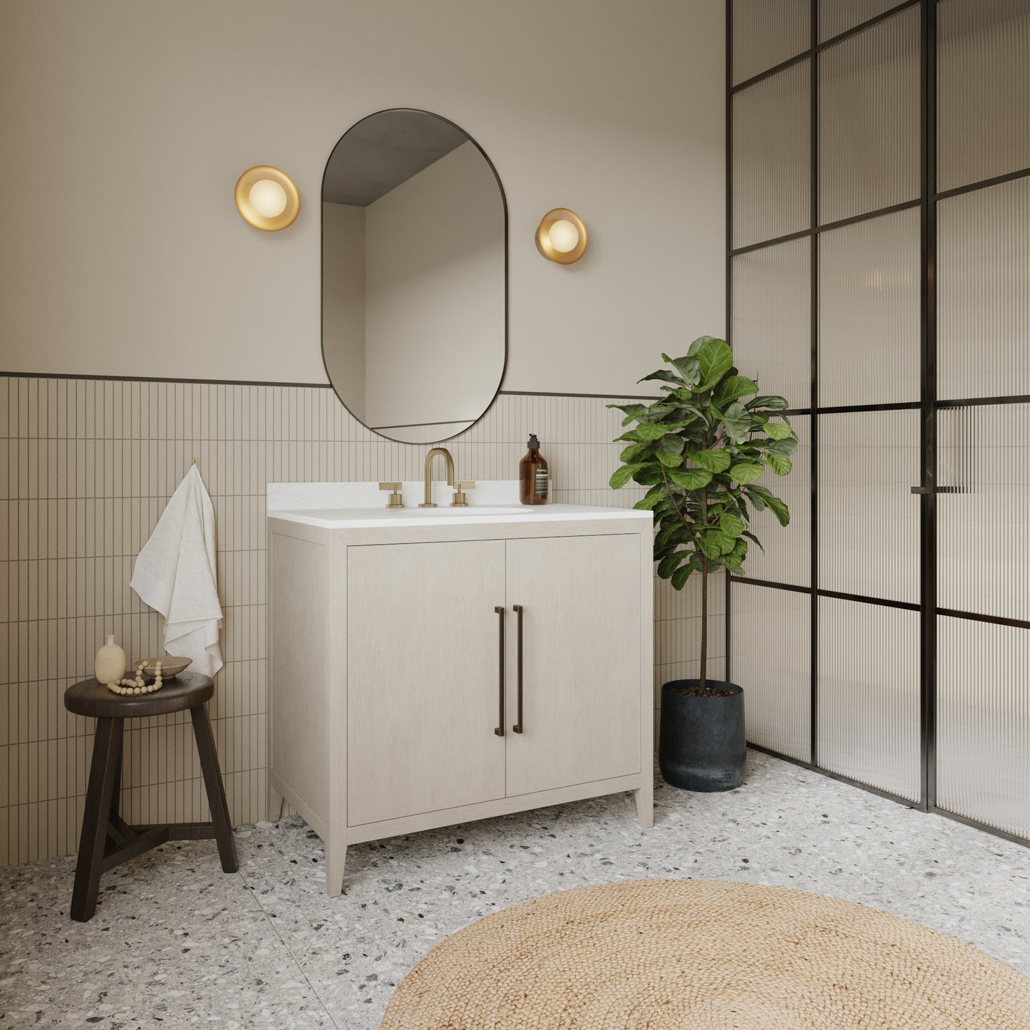 Bergen 36" Single Bathroom Vanity | Enhanced White Oak | Calacatta Gold Quartz