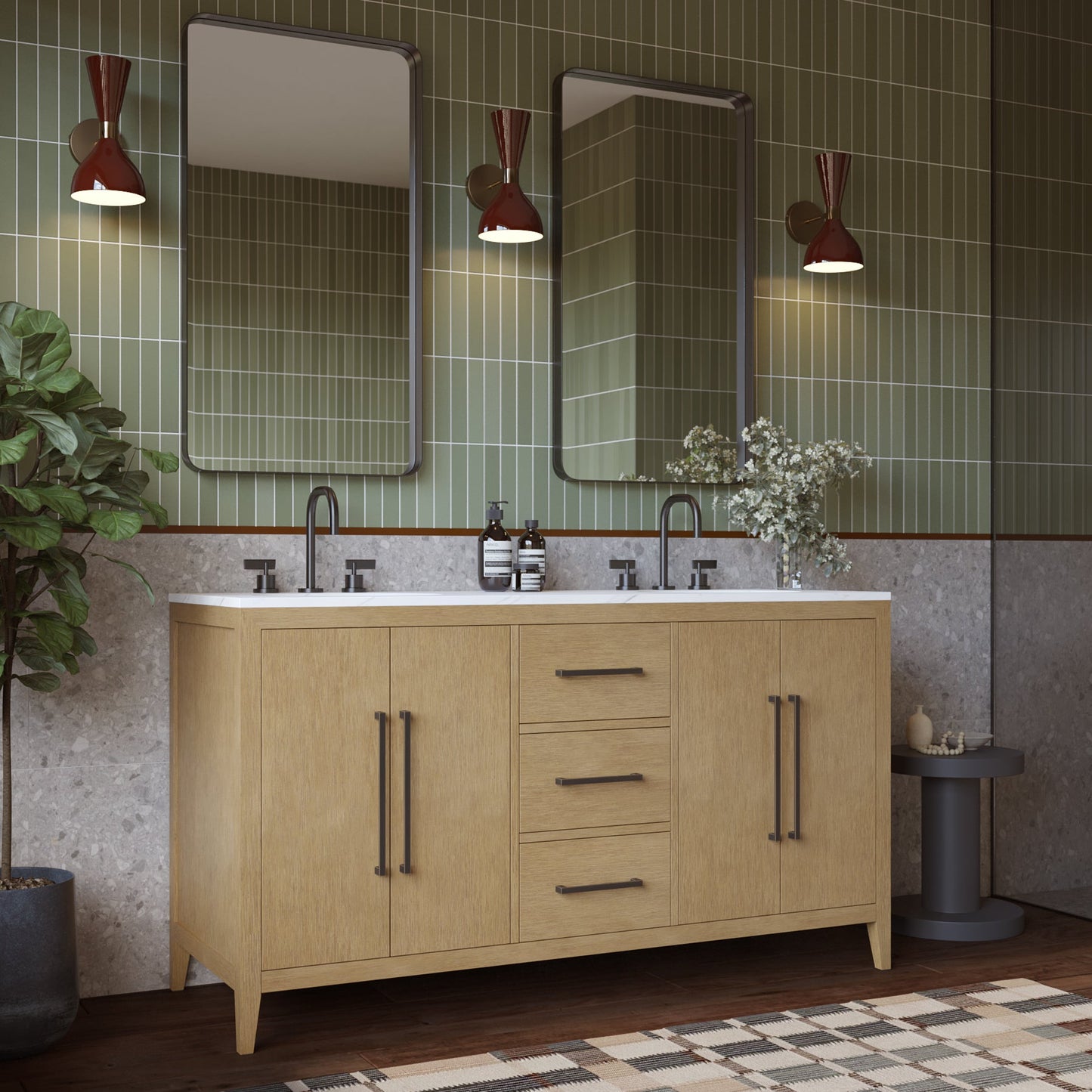 Bergen 60" Double Bathroom Vanity in Wire Brushed Oak | Calacatta Gold Quartz Countertop